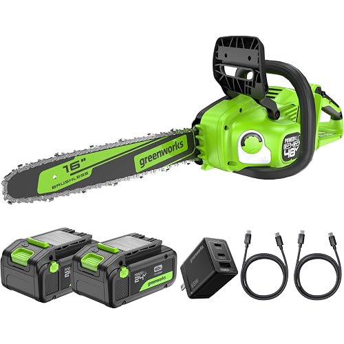 Greenworks 48V (24V x 2) 16" Brushless Chainsaw, Great For Tree Felling, Limbing, Pruning, and Firewood / 200+ Compatible Tools,(2) 4.0Ah Batteries and 100W Type-C Charger (3-FT Cord)