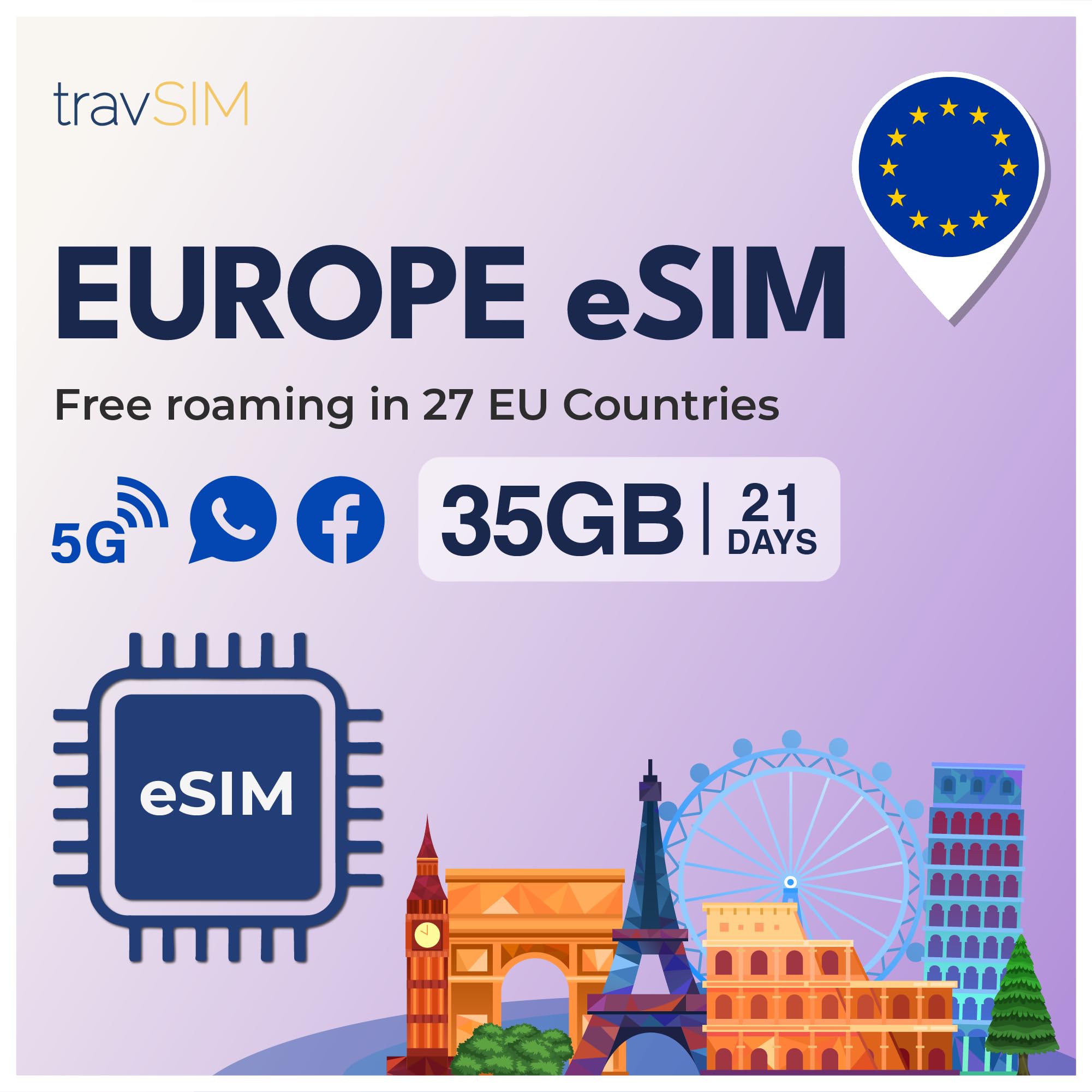 travSIM Europe eSIM with 35GB of Data (4G/5G speeds) | Valid for 21 Days | Data only eSIM | Use apps Like Whatsapp, Facebook, Instagram, and Telegram