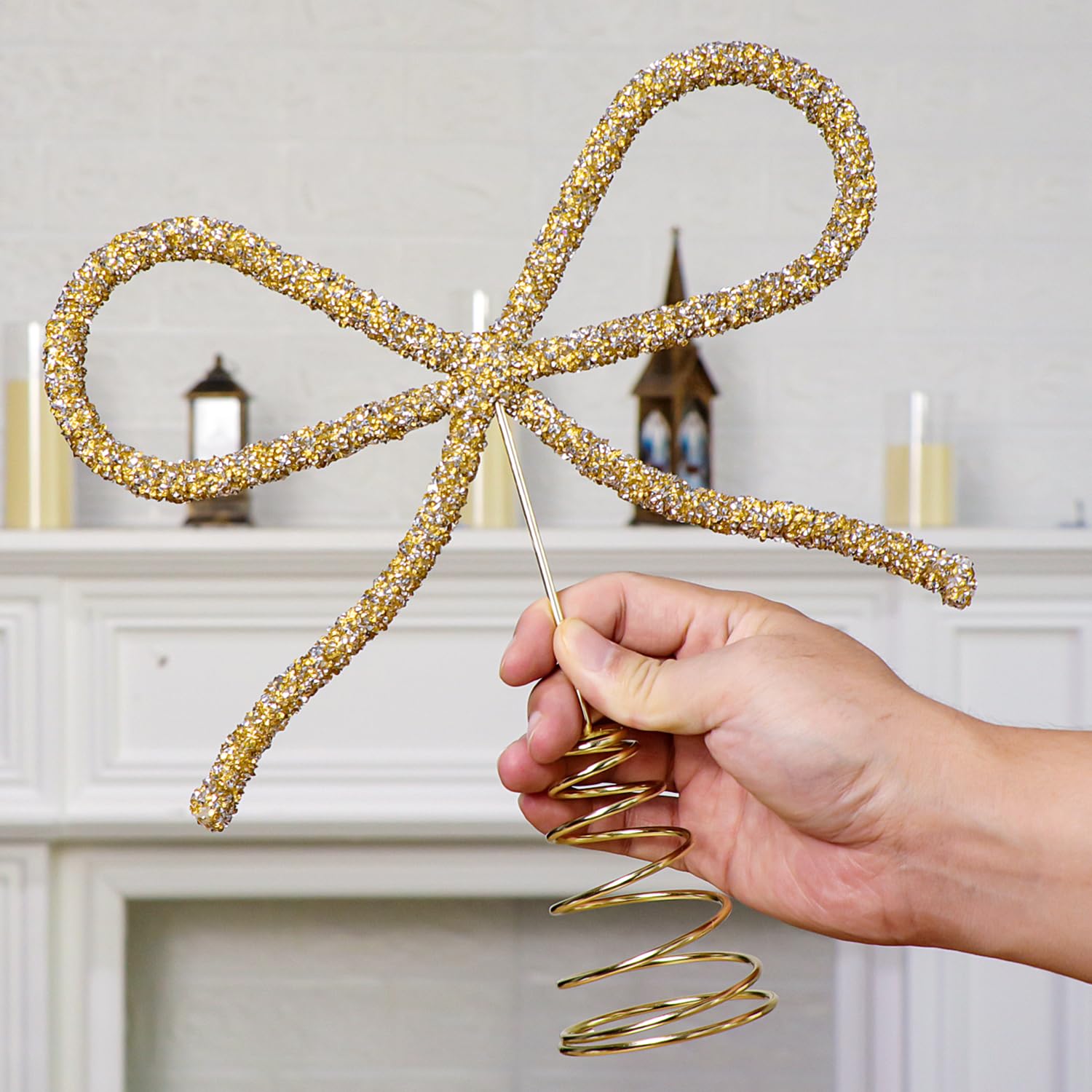 Christmas Tree Topper Bow, Heavy Gold Glass Rhinestone Bow Tree Topper Christmas Decor Electroplating Christmas Topper Bow Ornaments for Xmas Tree Decoration Holiday Home Party Supplies (Gold)