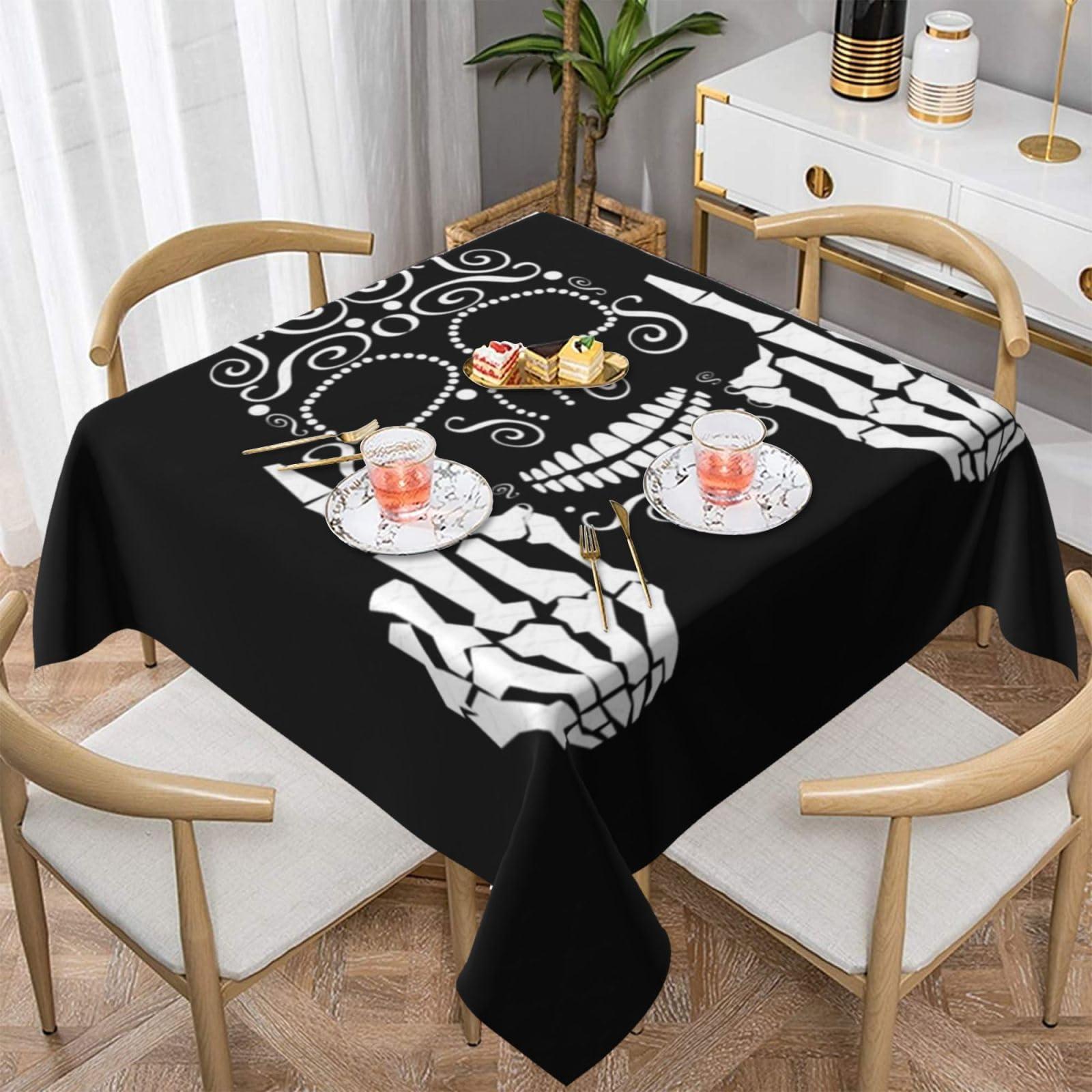 DCEHGEW Funny Skull Prints Square Tablecloth 137x137 CM, Waterproof Fabric Table Cloth for Dining Table, Farmhouse Table Cover for Kitchen Dining Tabletop Decoration