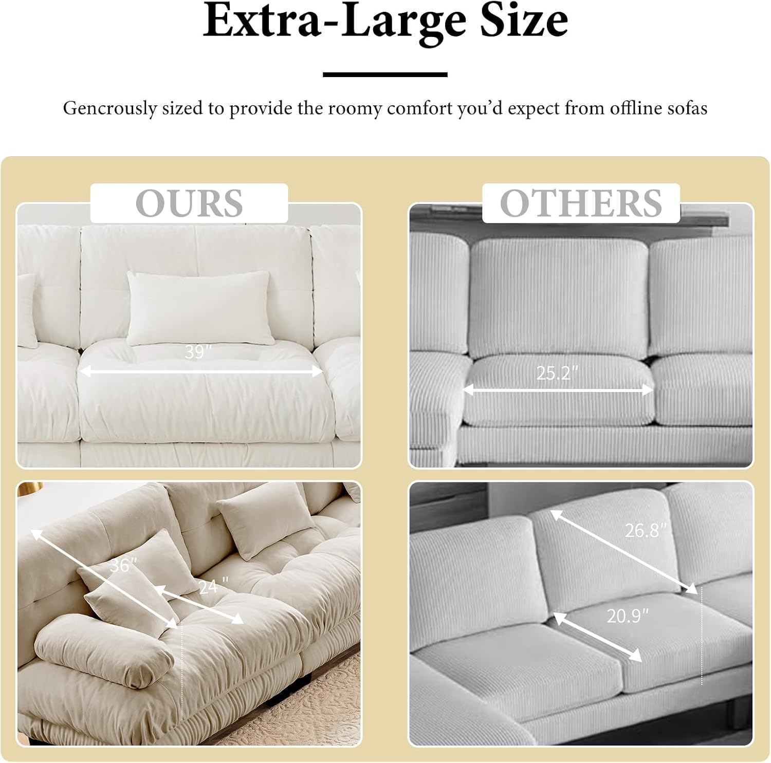 94.4” Loveseat Sofa, 2 Seater Modular Sectional Sofa, Beige Large Sectional Fluffy Couch Set, Chenille Cloud Couch with 4 Pillows, Deep Seat Sofas for Living Room