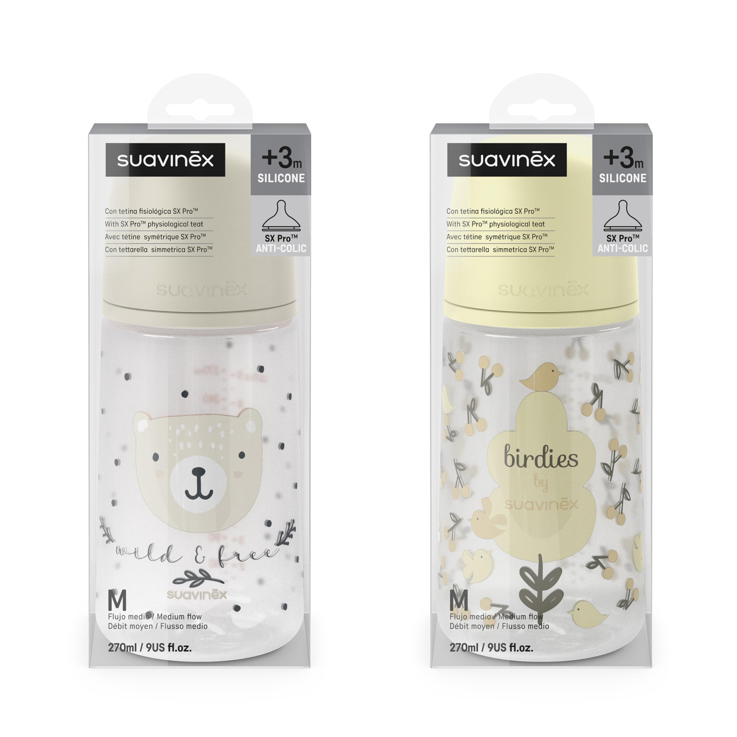 Suavinex, Confezione 2 Biberon da 270 ml, Tettarella Simmetrica SX Pro in Silicone con Valvola Anticolica, Flusso Medio, Liquido Densità Media, Latte, Succhi, Acqua. ​+3 Mesi.Birdies, Wild&Free, Beige