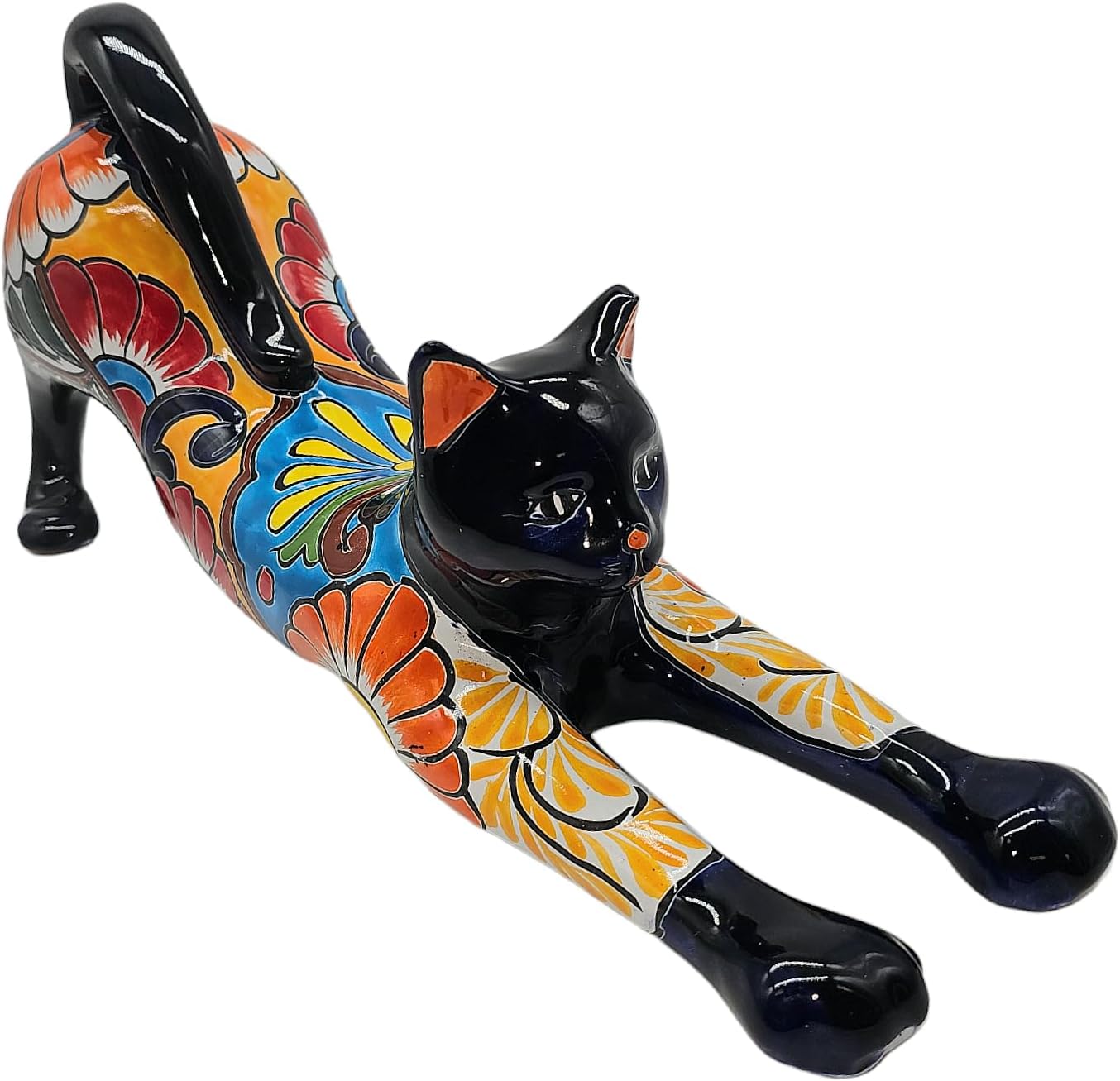 Talavera Pottery Store Flo The Cat Hand Painted Kitty Stretching Indoor Outdoor Multi Colored Glazed (Talavera)