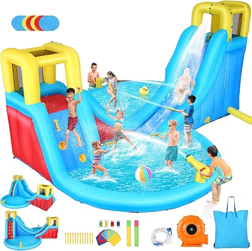Miniatura 7 de AKEYDIY Tobogán acuático inflable y casa de rebote de agua de cocodrilo, parque de tobogán acuático inflable con piscina de salpicaduras, pared de