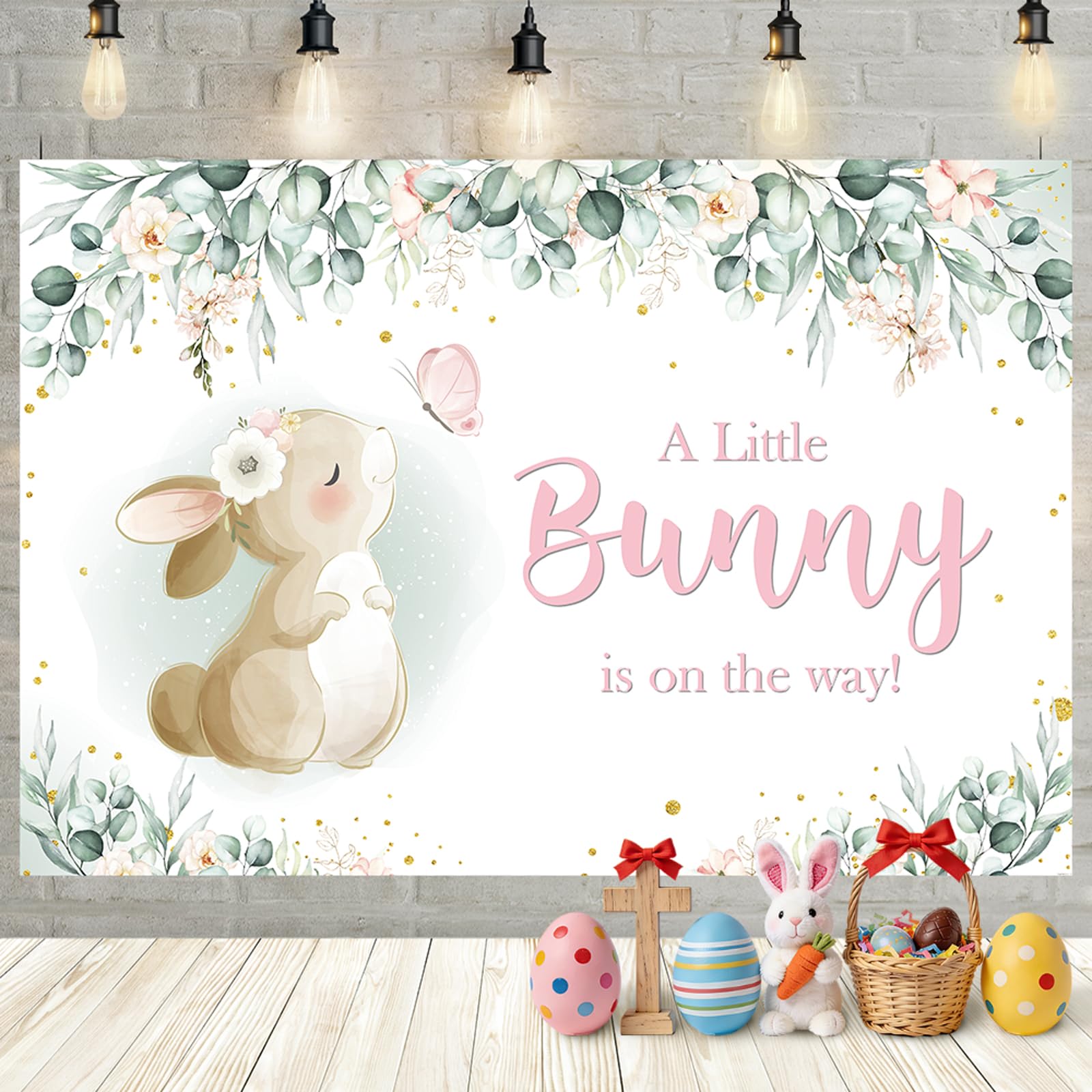 MEHOFOND 7x5ft Bunny Baby Shower Backdrop Pink Flowers A Little Bunny is on The Way Party Decorations Green Eucalyptus Leaves Easter Baby Shower