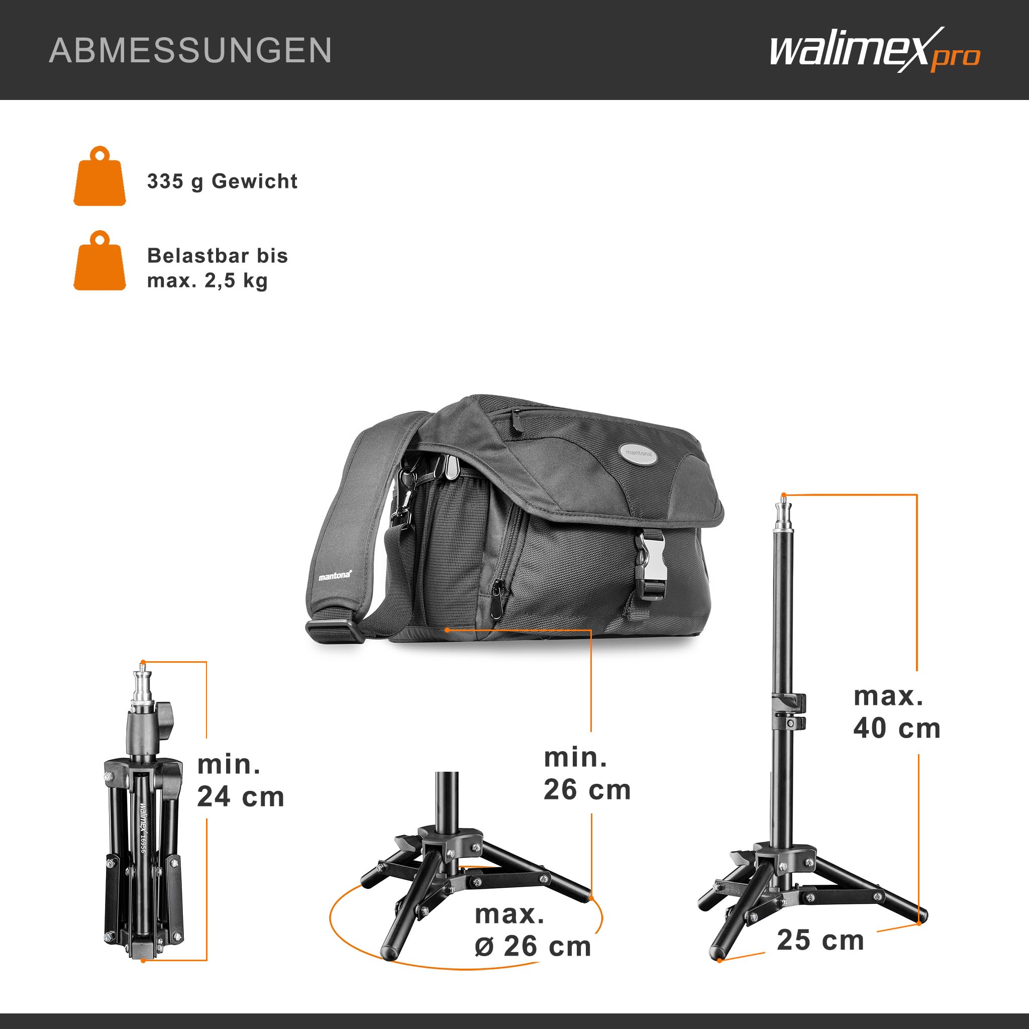 Walimex pro Lampenstativ höhenverstellbar bis 40 cm, Mini Stativ mit 2,5 kg Tragkraft, Lichtstativ für kleinere Lampen, Studioblitze, Studioleuchten und Kompaktblitze