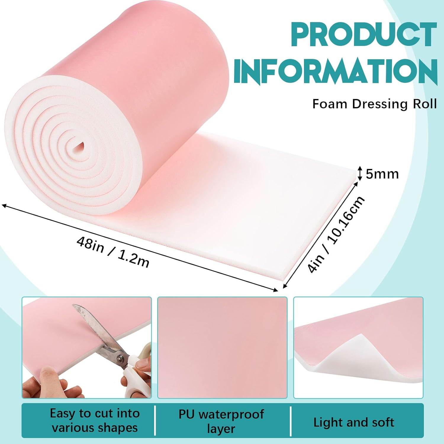 Geiserailie Foam Dressing Roll 4 x 48 Inch Sterile Non-Adhesive Hydrophilic Pads Without Border Polymeric Membrane Wound Dressing for Wound Care