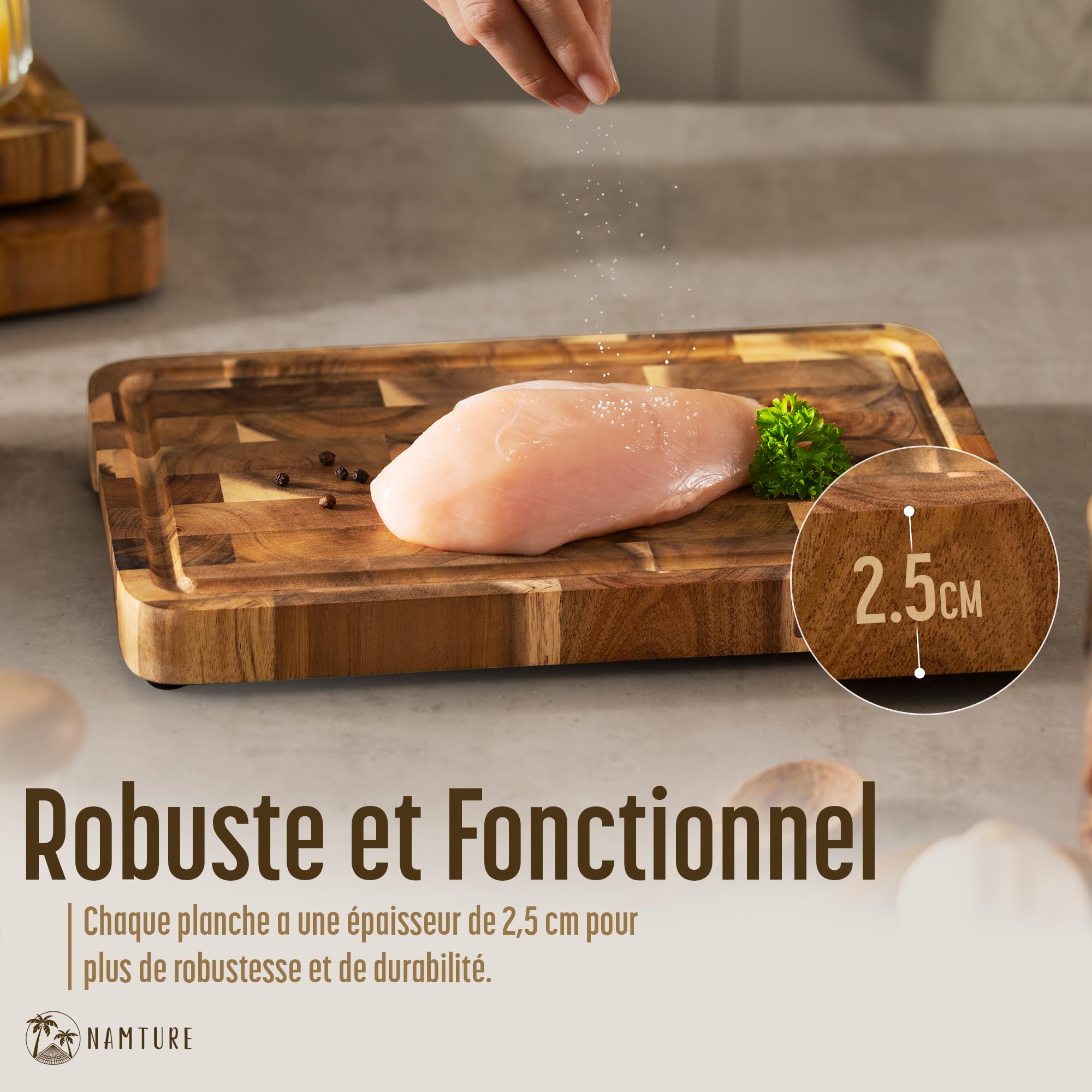 Set de 3 Planches à Découper en Bois d’Acacia – Billots Bois de Bout avec Rigole à Jus, Pieds Antidérapants & Support – Coffret Cadeau Premium