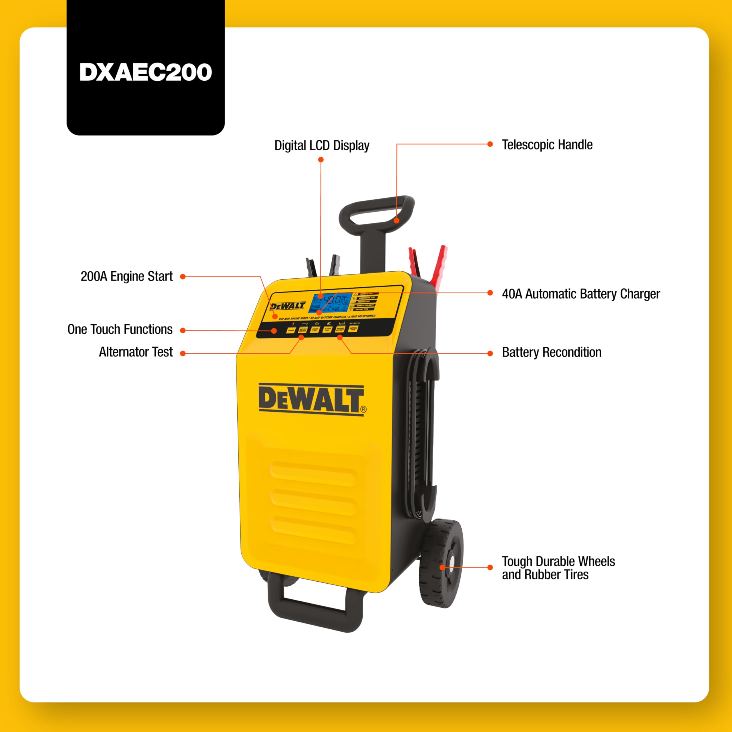 DeWalt DXAE200 Professional Rolling 40 Amp Battery Charger, 3 Amp Maintainer with 200 Amp Engine Start