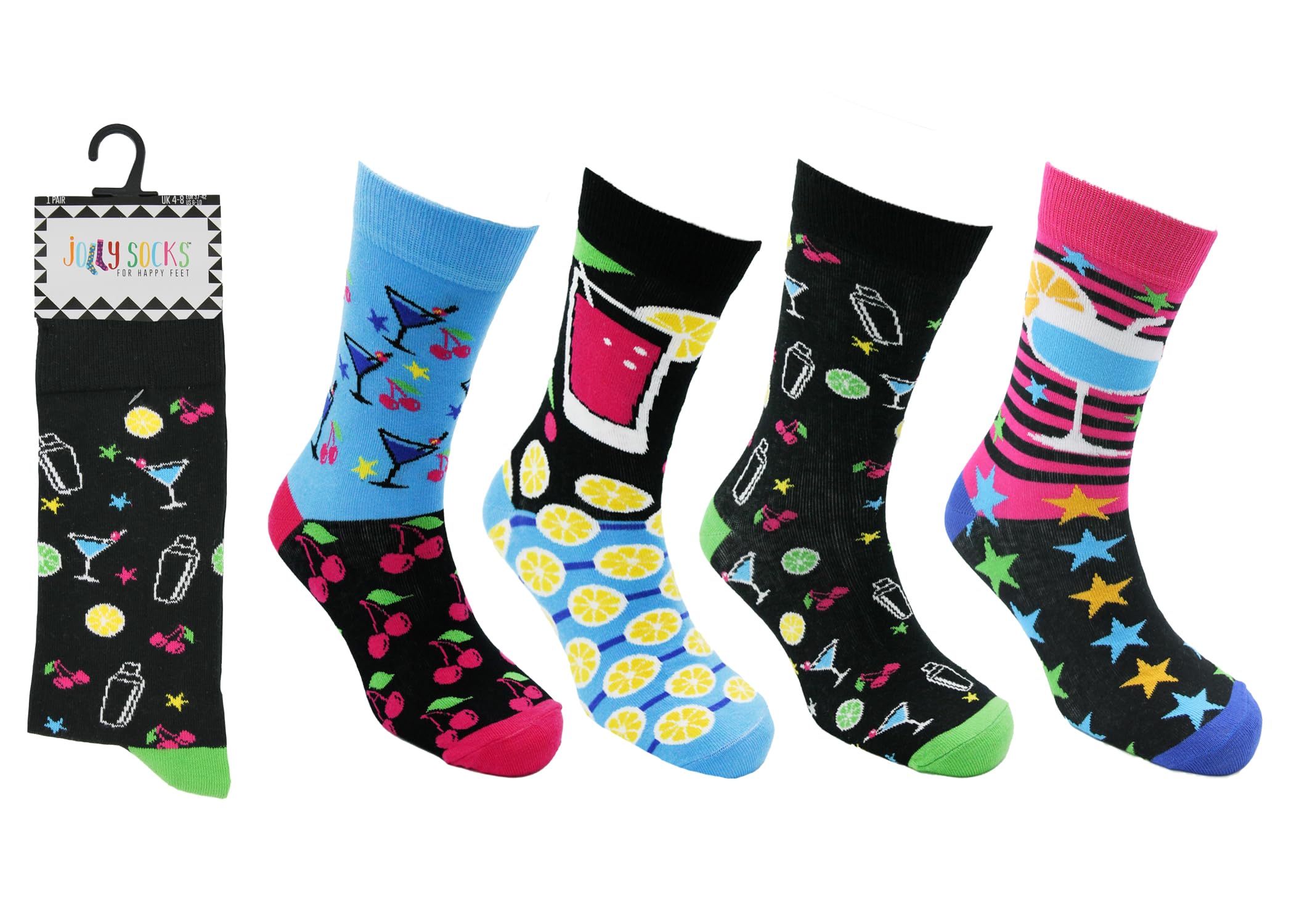 Chic Femme Women's Cocktails 4 Pair Pack Funny Novelty Jolly Dress Socks, Casual Colorful Combed Cotton Socks, Uk Size 4-8 (Uk, Numeric, 4, 8, Regular, Regular, )