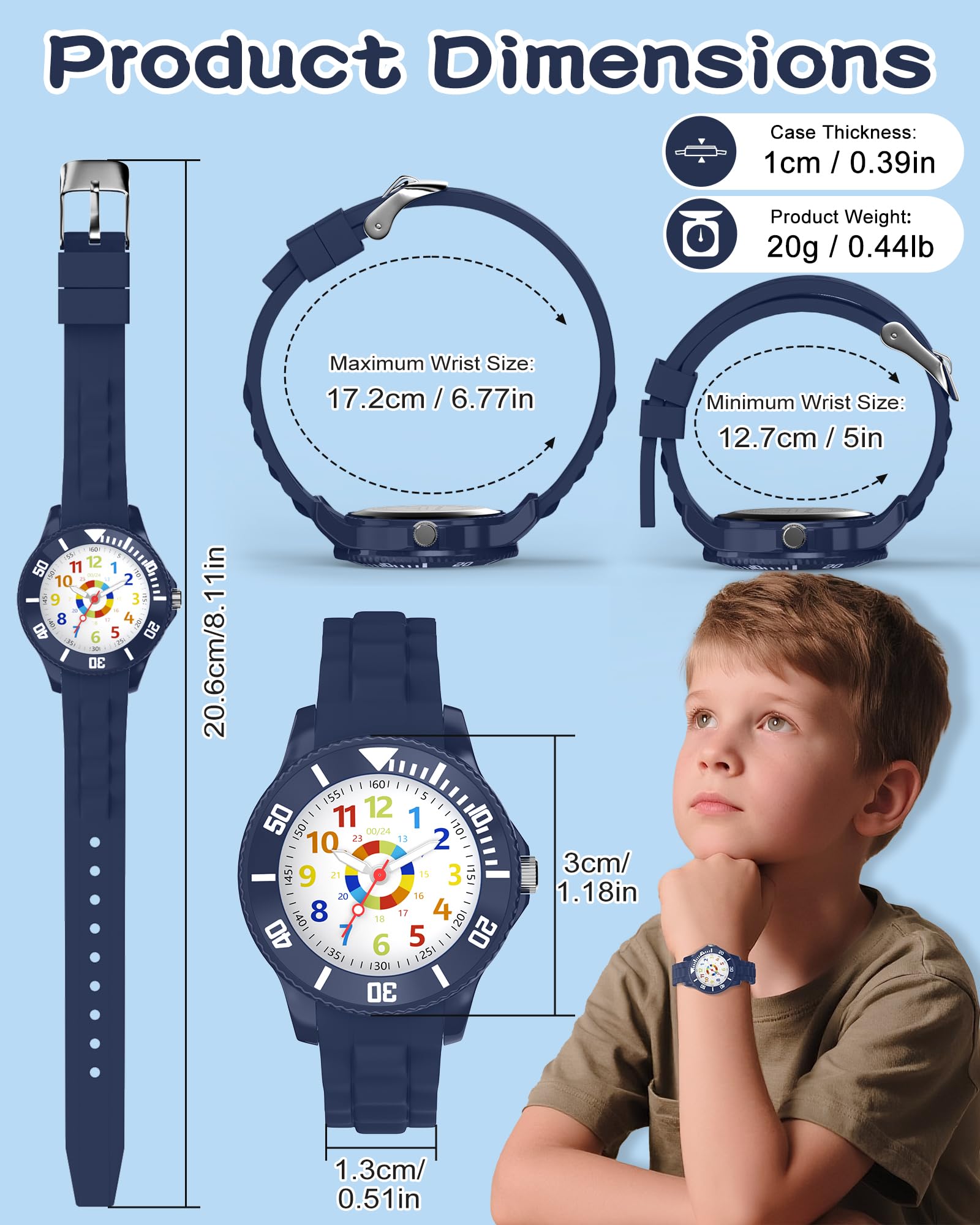 Kinderuhr Jungen Mädchen,Lernuhr Armbanduhr Kinder Analog mit 3ATM Wasserdicht,Weiches Band,Leicht Ablesbar 4-12 Jahre