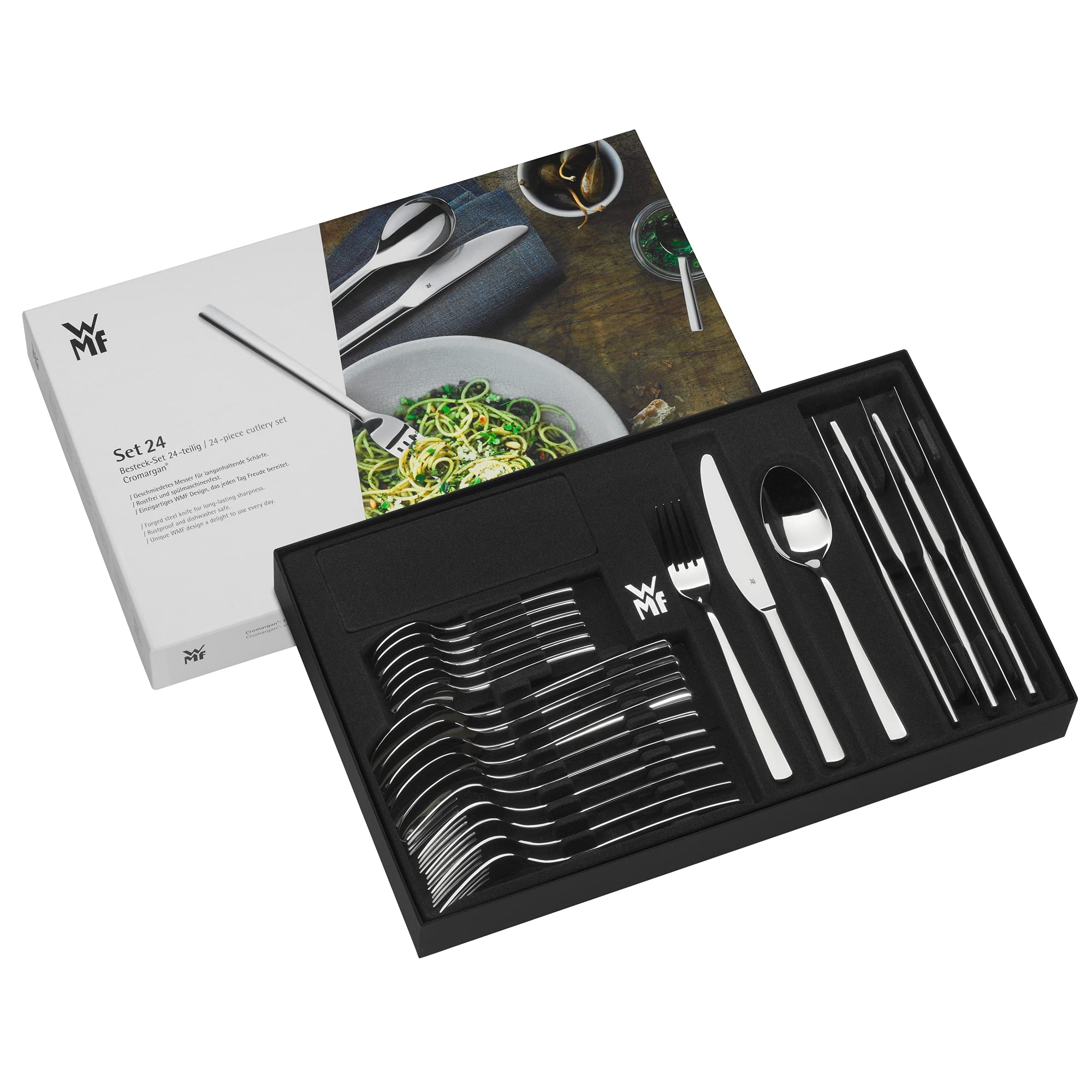 WMF Palermo zestaw sztućców, 6 osób, 24-częściowy, nóż monobloc, polerowana stal nierdzewna Cromargan, błyszczący, nadaje się do mycia w zmywarce