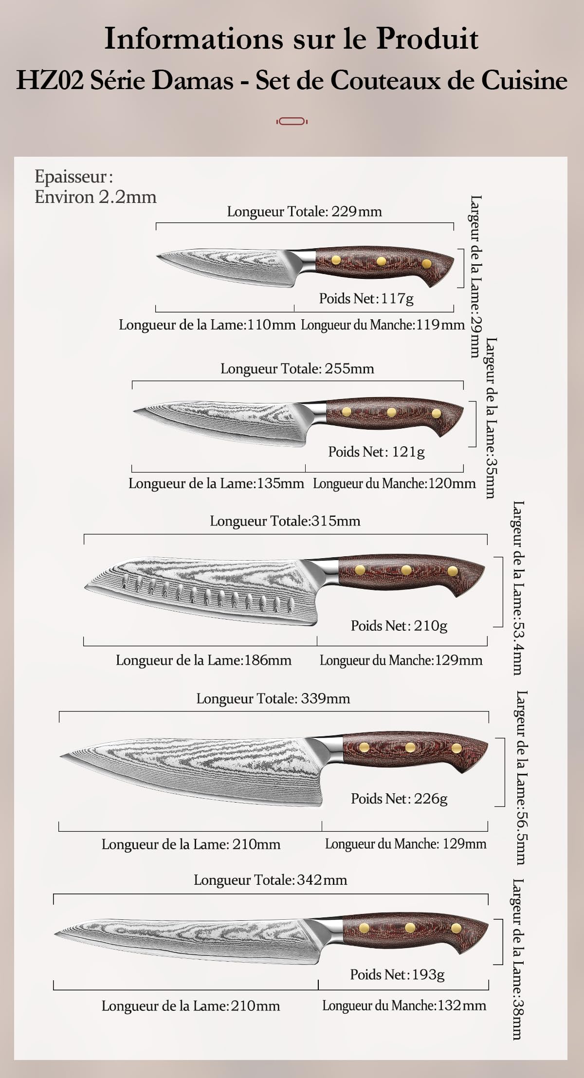 HEZHEN Damas Ensembles de Couteaux de Cuisine 5 Pièces，Set de Couteaux de Chef Professionnels en Acier Damas Couteau Santoku, Manche en Micarta