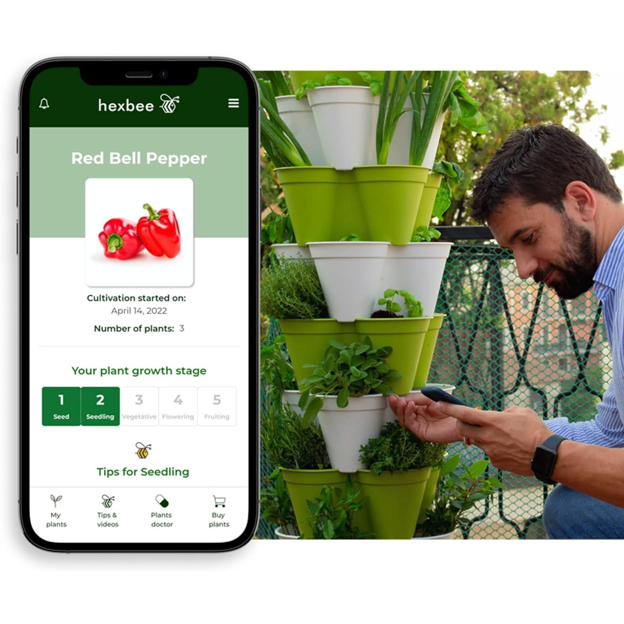 Kit de jardinería Hexagro Poty | Huerto vertical compacto y robusto para balcón o terraza | Sistema de riego inteligente y asistente de cultivo digital | Kit de jardinería completo