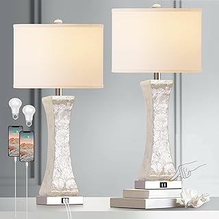 Set of 2 Touch Control Table Lamps, 28-inch Tall Coastal White Bedside Lamp with 2 USB Ports, 3-Way Dimmable Capiz Shell Nightstand Lamp with Drum Shade for Living Room, Bedroom (LED Bulbs Included)