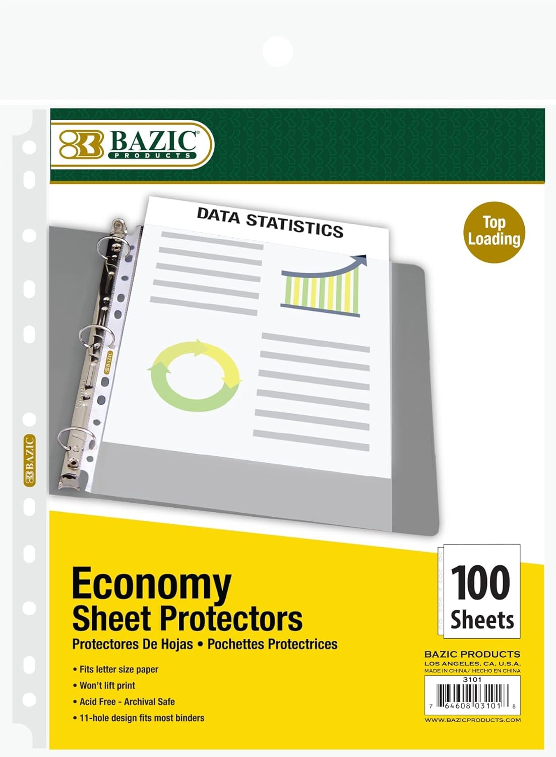 BAZIC Products Sheet Protectors Economy, Fit 8.5x11 Inch Paper, 11 Hole Clear Plastic Sleeves Ring Binder Sheets (20/Pack), 144-Packs