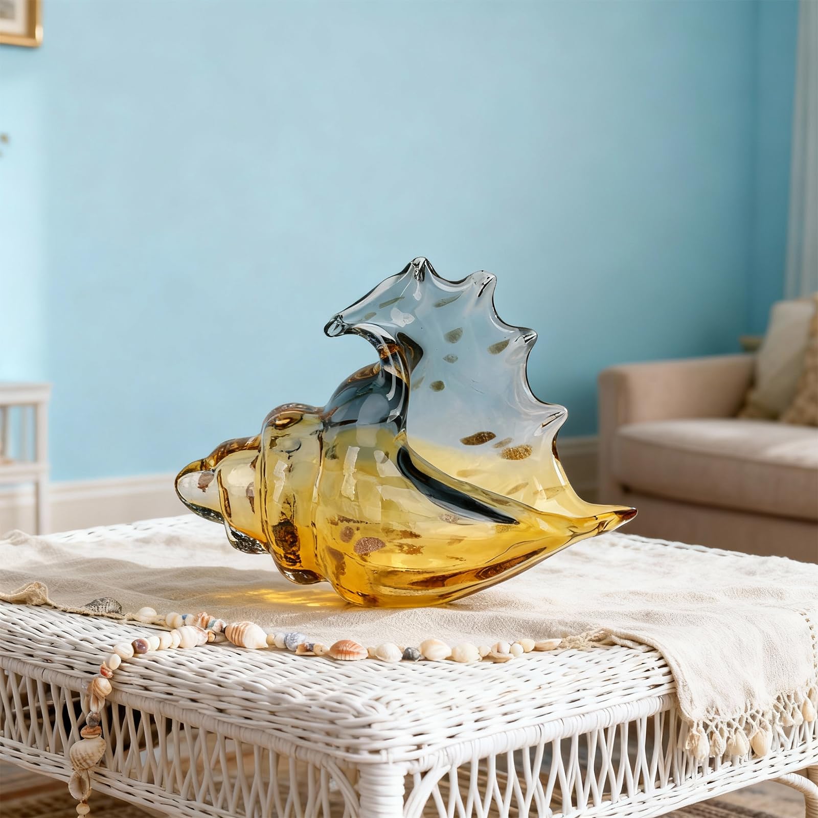 Hand Blown Glass Conch Statues, Gray and Amber Glass Art Figurines, Conch Shells for Coastal Home Decor, Living Room TV Stand and Bookcase Decor, Bathroom Shelf Tops and Cabinet Decor. - Image 2