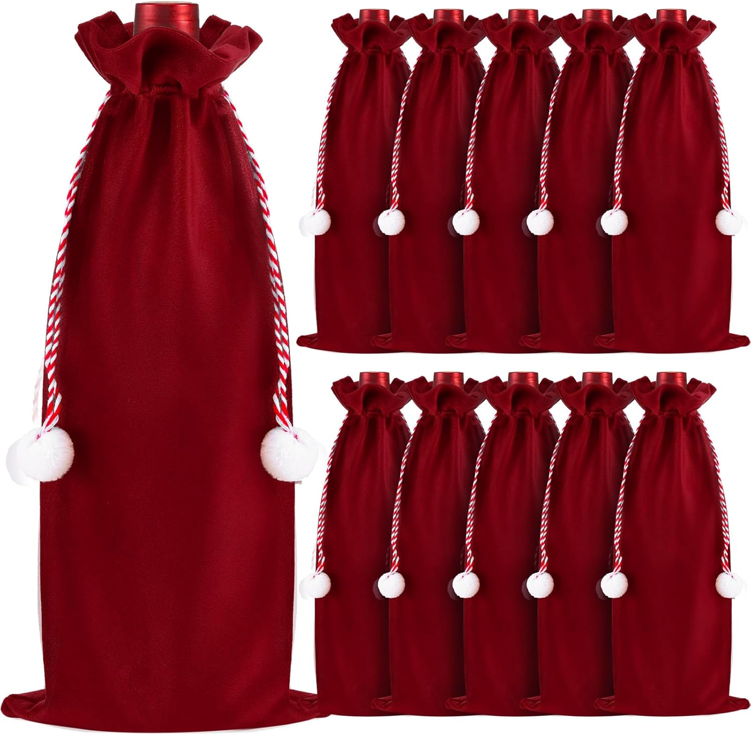 Honeydak 10 Pcs Christmas Velvet Wine Bags Xmas Wine Gift Bottle Cover with Drawstring and Hair Ball Bottle Bags for Christmas Housewarming Wedding Birthday Holiday(Red)