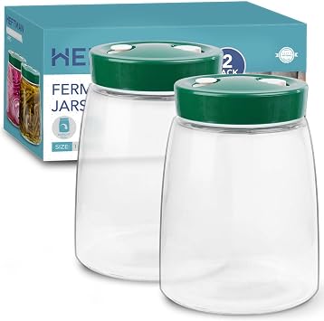 HEFTMAN Fermenting Jar with 1 Way Air Release Vent - 1.4 Litres, 2 Pack - Ideal for Safe Fermentation for Kefir, Kimchi, Sauerkraut, Sourdough Starter, Overnight Oats - Fermentation Jars x 2 Green
