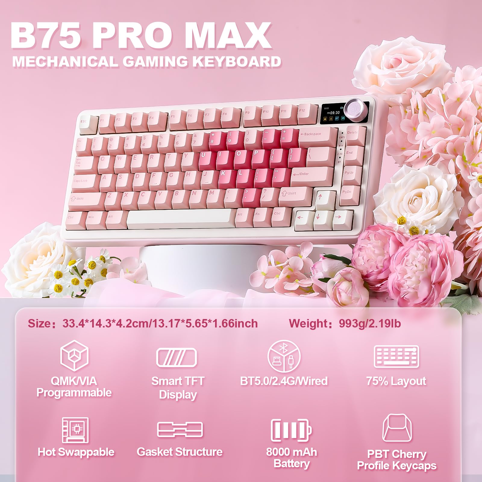 YUNZII B75 Pro Max QMK/Via Clavier Mecanique sans Fil, 75% Disposition avec Écran TFT et Molette, Gasket Hot Swap Switch Pré-lubrifiés, RGB, BT/Filaire/2,4G pour Win/Mac (Rose Cœur, Candy Switch) - 3