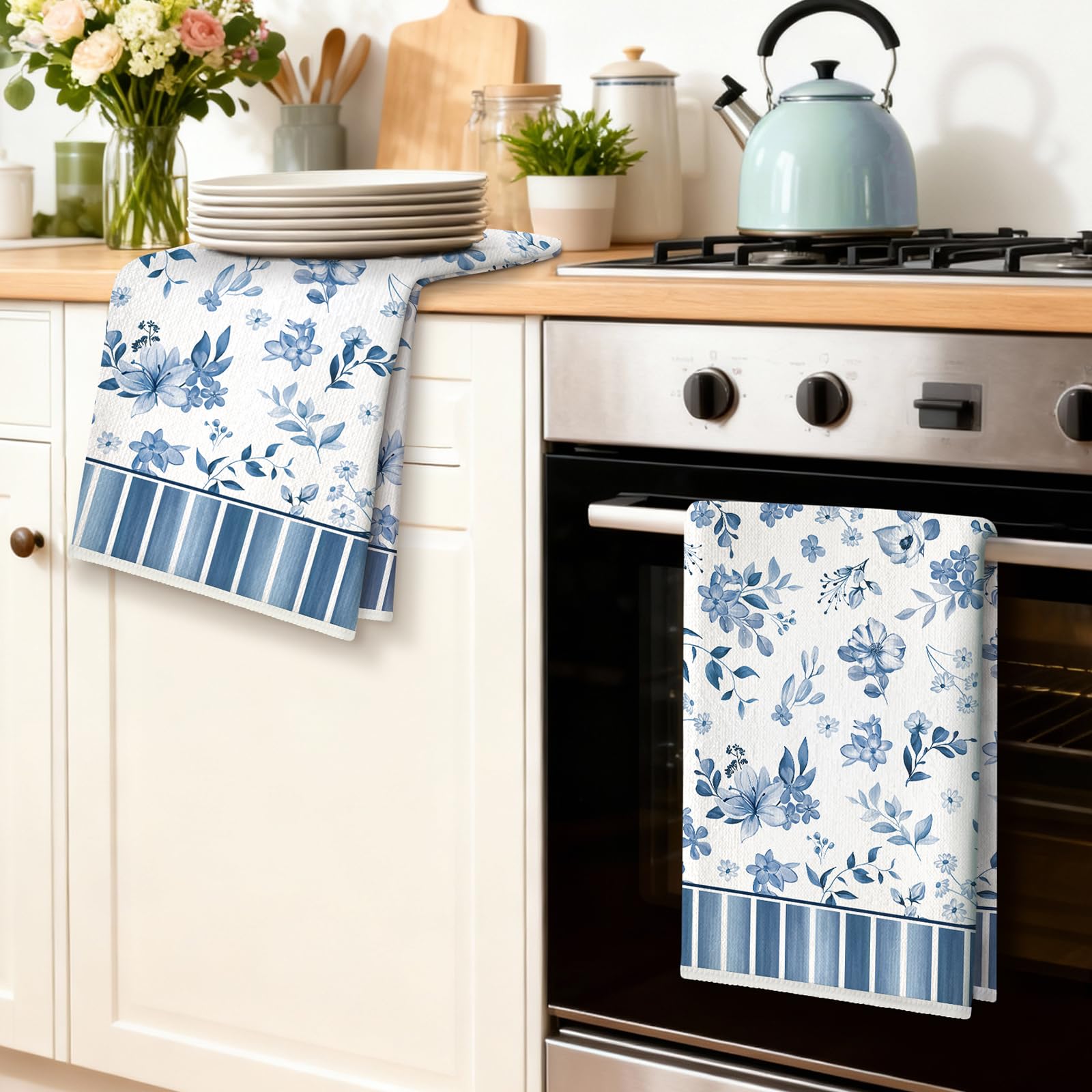 2 Piezas Paños de Cocina Acuarela Flores, Toallas de Cocina Azul Mezcla de Algodón Grueso Suaves Absorbentes Toallas Barra decoración de Limpieza Comedor Banquete de Bodas 42 X 70 Cm
