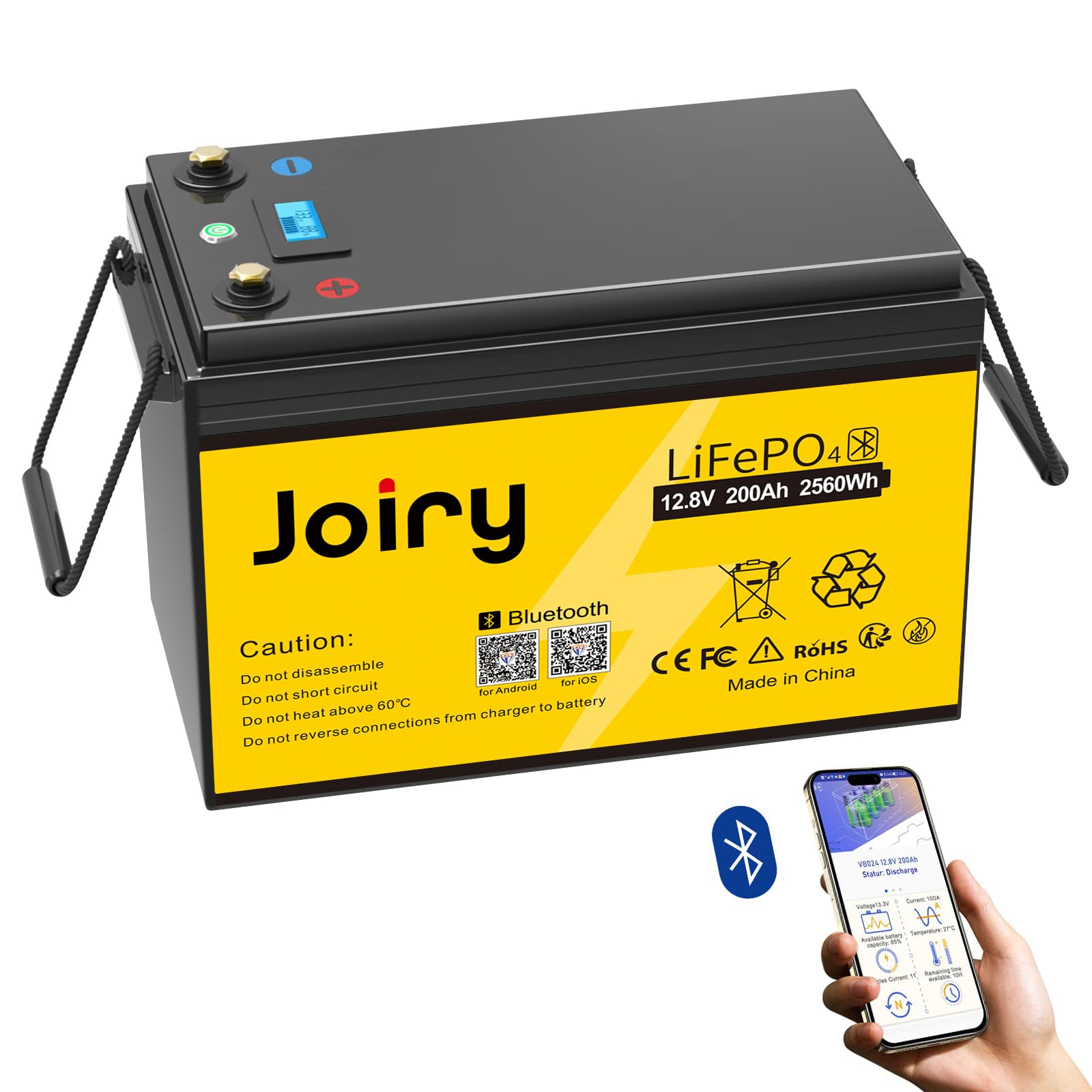 Joiry LiFePO4 Batería 12V 200Ah 2560Wh Bluetooth bateria Litio Fosfato de Hierro y Litio Energía de Emergencia con más de 5000+ Protección BMS para Panel Solar, RV, Marina, Golf