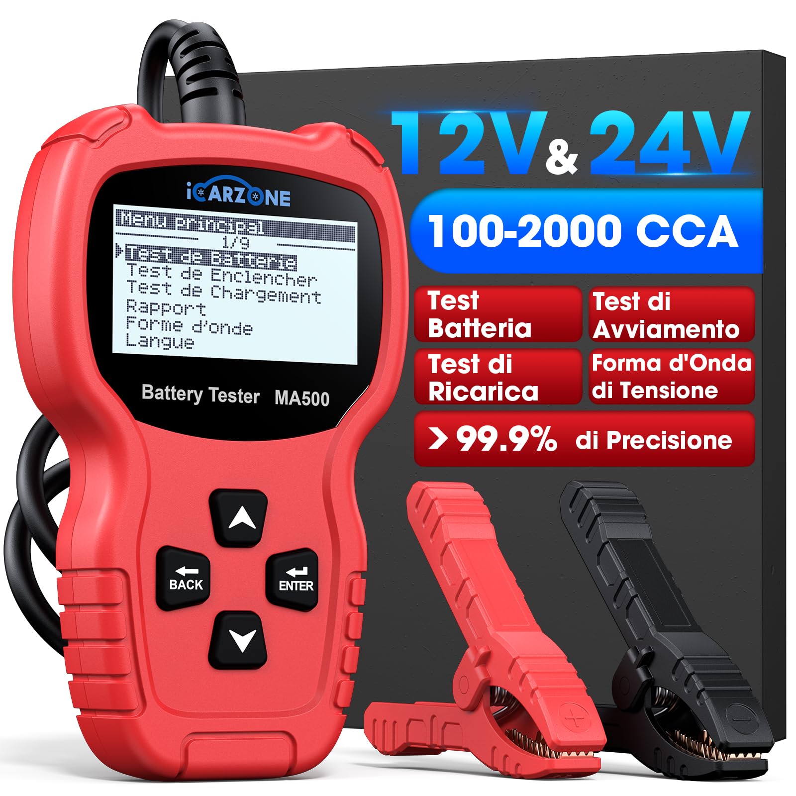 MA500 Tester Batteria Auto, Batterie Diagnostico Digitale 9V-30V per Alternatori 100-2000 CCA, Analizzatore di Ricarica e Avviamento per Auto, Camion, Moto, Barche, Camper, ATV e Yacht