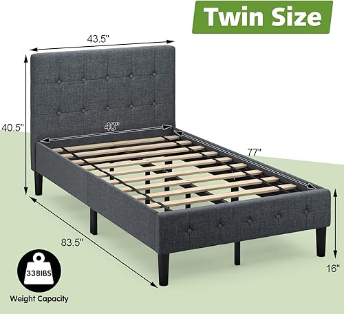 Miniatura 2 de GORELAX Base de cama individual tapizada con cabecero, base de colchón de soporte de listones de madera maciza, no necesita somier y de fácil