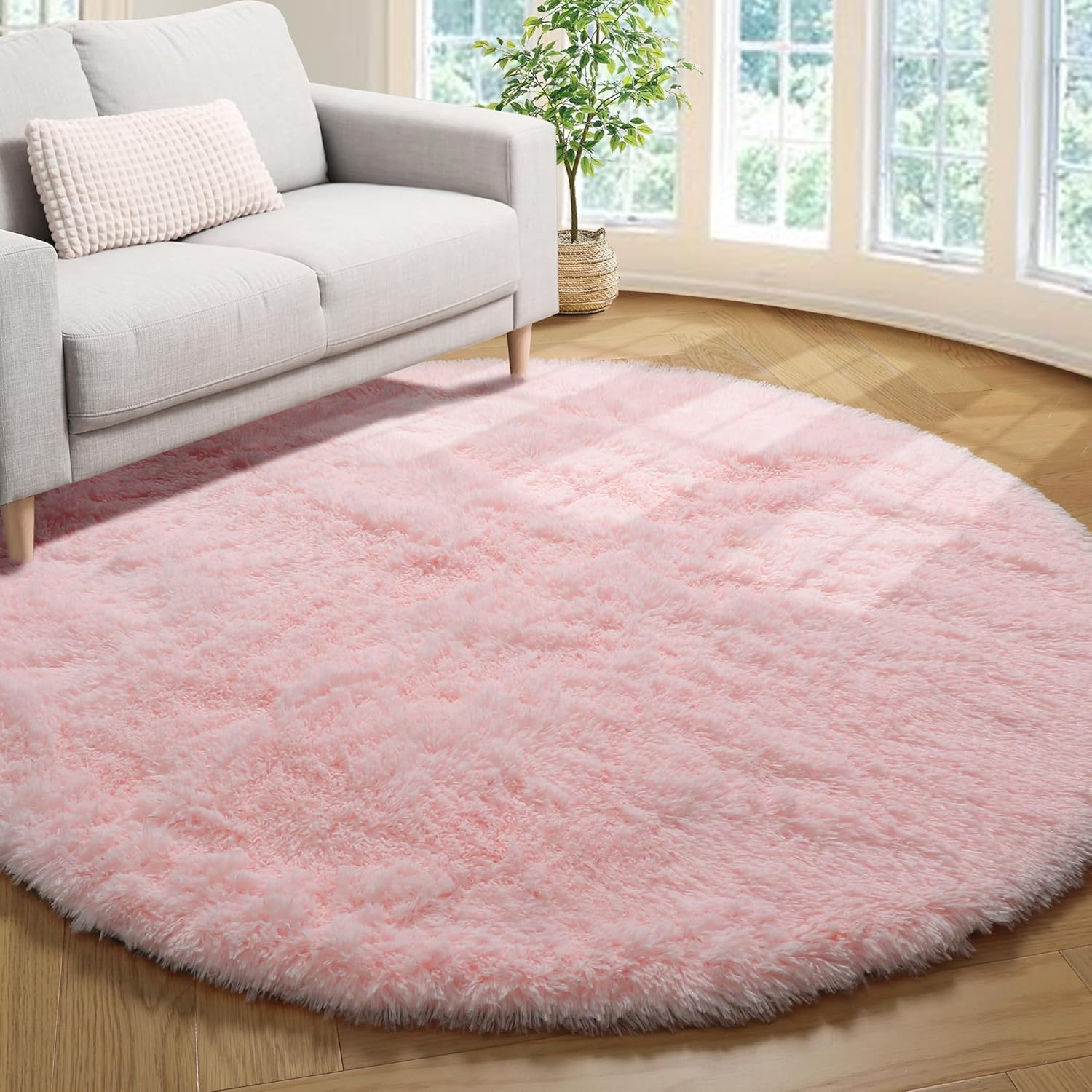 Alfombra redonda rosa de 160cm de pelo largo y suave con base antideslizante para habitación