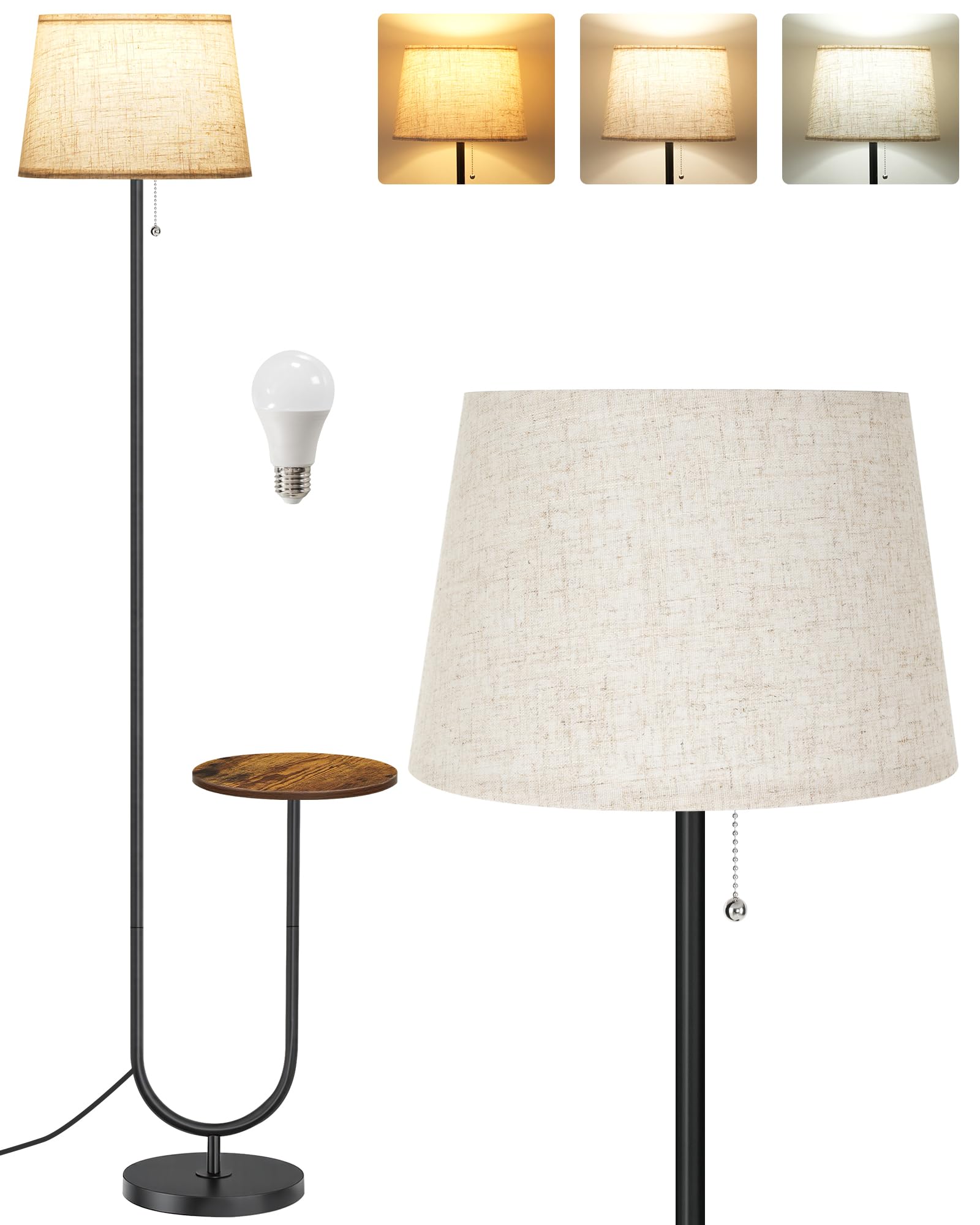 Lámpara de Pie con Mesa Auxiliar 3 Temperaturas de Color Cabezal Ajustable Pantalla de Lino Marrón Rústico y Beige