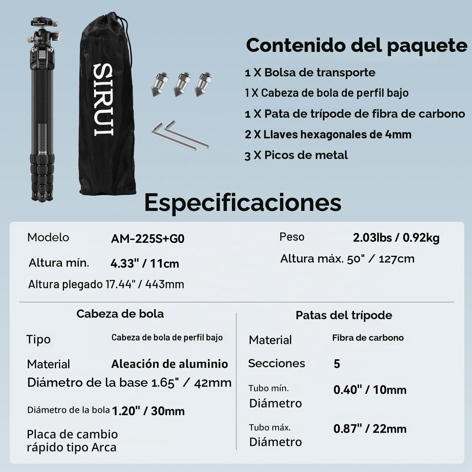 SIRUI 50“ Trípode de Viaje en Fibra de Carbono Tripode Compacto, con Cabeza de Bola Baja, Placa Quick Release para Arca, Carga 8kg para Cámara y Teléfono -AM-225S+G0