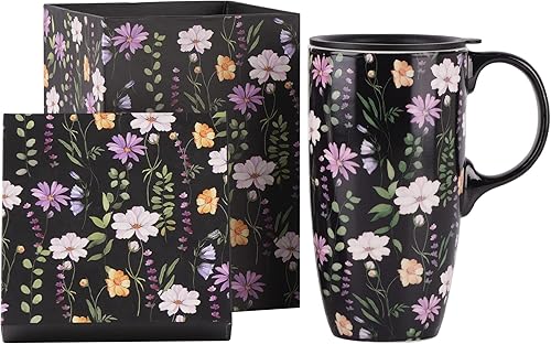 Taza de café alta de cerámica de 17 onzas con tapa y asa para el hogar y la oficina, adecuada para café y té, taza de arte de flores en caja de
