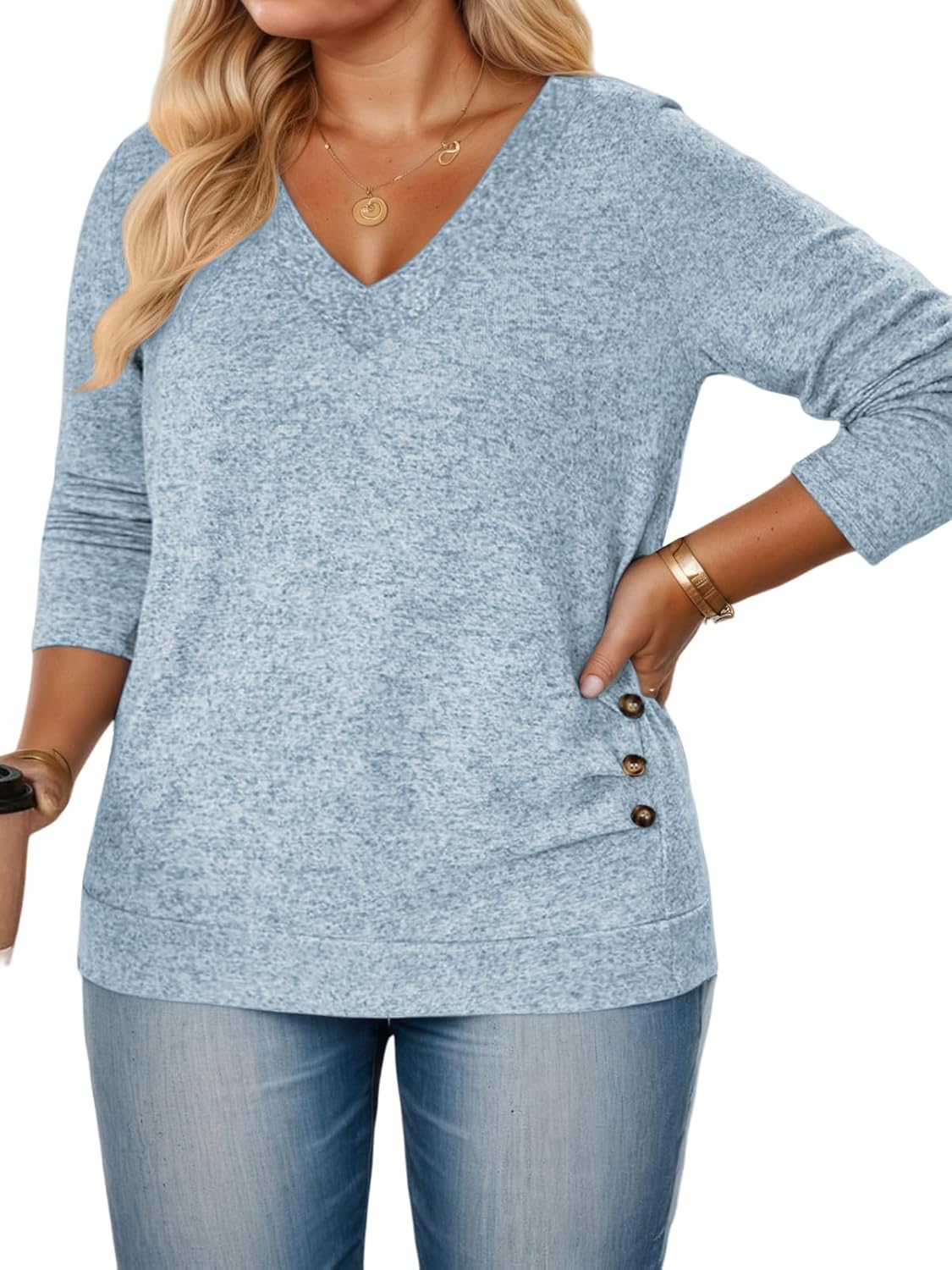ROSRISS Plus-Size-Tops for Women Casual Long Sleeve Shirts Loose Fit V Neck Button Blouses Dressy Pullover Tunics XL-5XL - Image 2