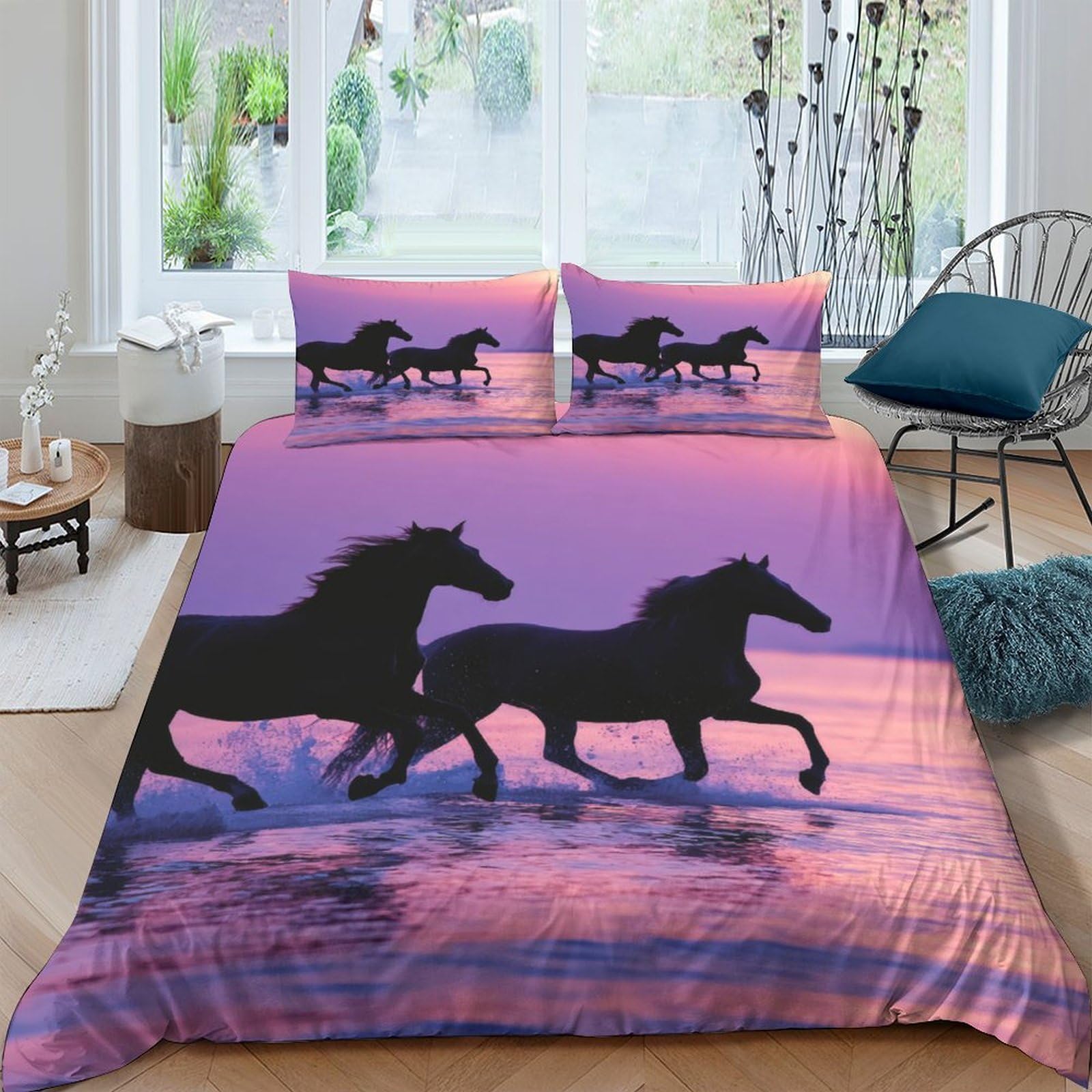 Ctjqhvkz Style-9 3D Printed Sunset Beach Horse Fitted Sheet Microfiber Soft Breathable Galloping Stallion Bed Cover For Bedroom Decor Single（135X200cm）