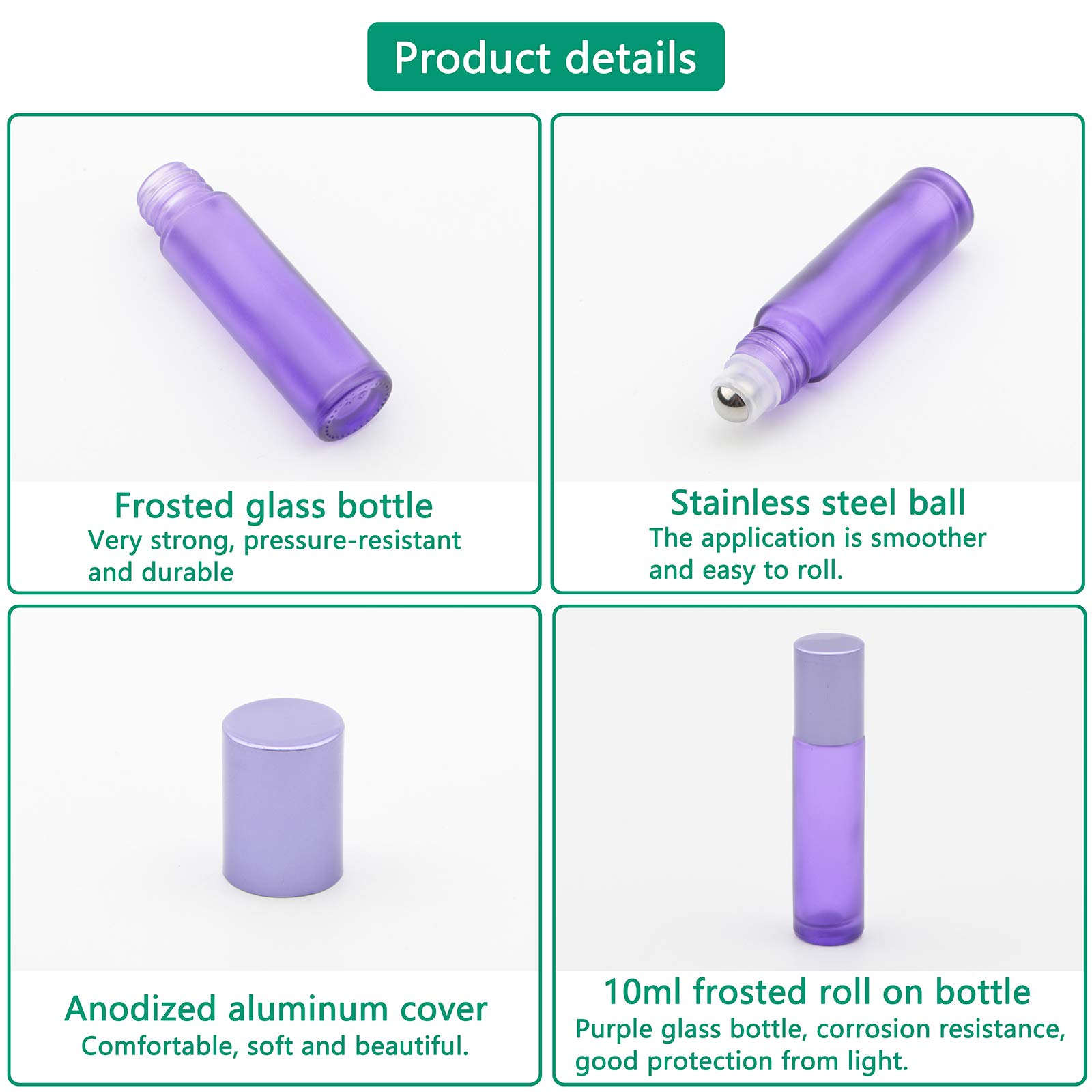10 bottiglie in vetro smerigliato da 10 ml, a prova di perdite, con sfere in acciaio inossidabile e tappo a vite in alluminio anodizzato per oli di profumo e aromaterapia, Viola