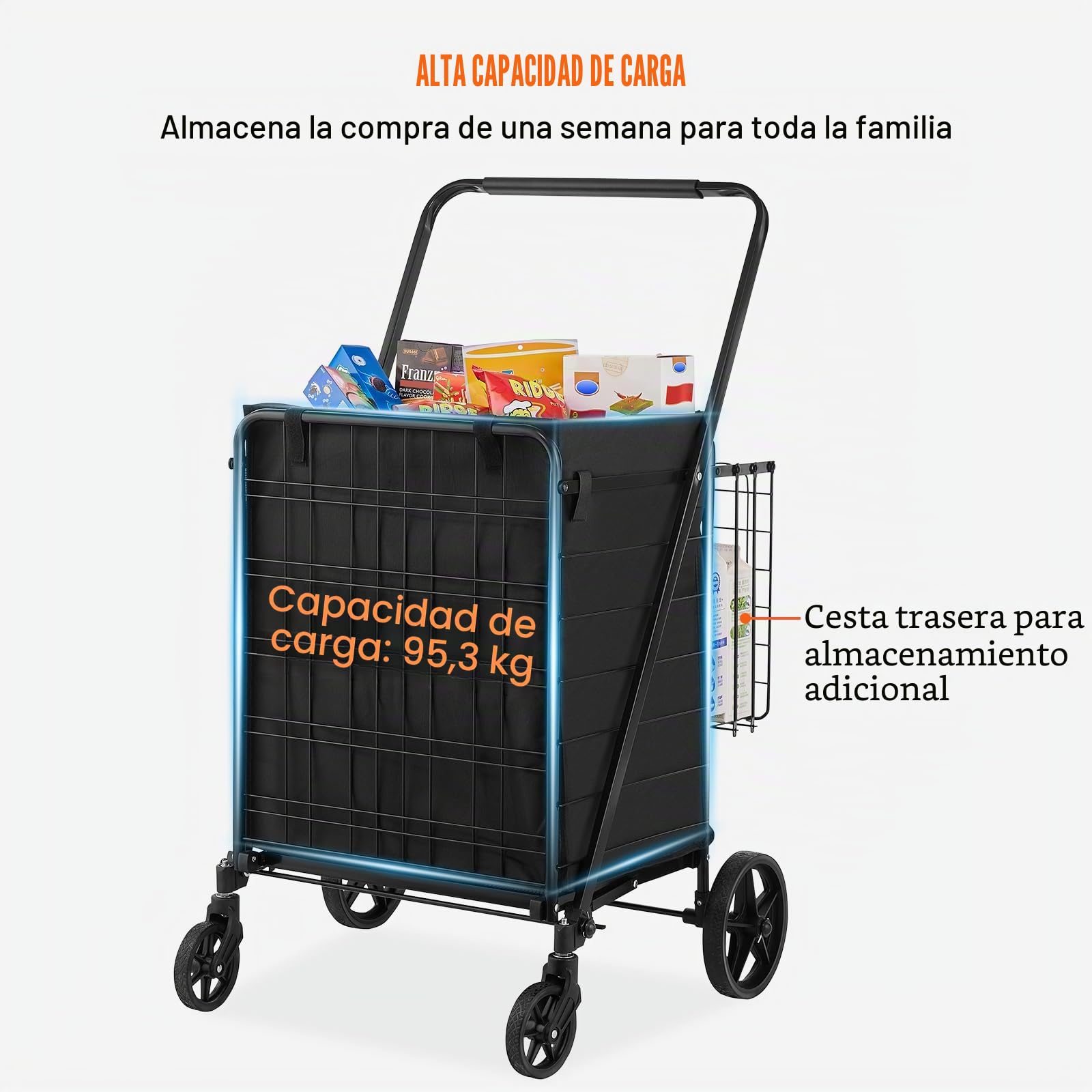 VEVOR Carro de Compra Plegable Carga de 150,5kg con 4 Ruedas Más de 85L Carro de Supermercado con 2 Cestas Carro de Compra de Hierro con Forro Impermeable Carro Multiusos Resistente para Ir de Compras
