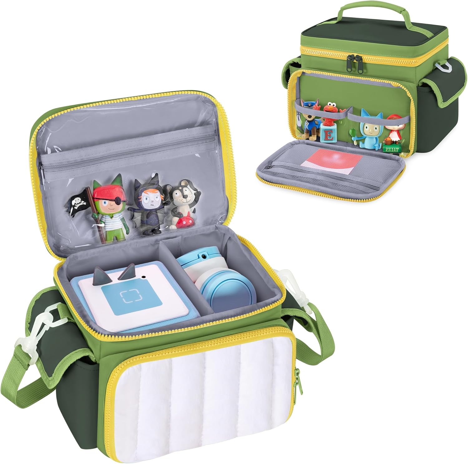 LoDrid Travel Carrying Case Compatible with Tonie Box 2/1, Lightweight Puffy Portable Storage Bag with Detachable Divider and Shoulder Strap for Audio Player Set, Green, Bag Only, Patented Design