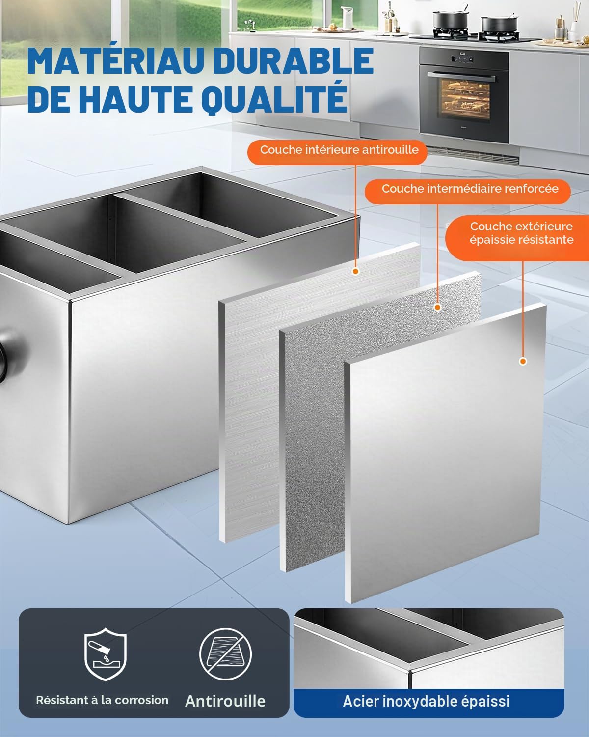 YUCHENGTECH Bac à Graisse Sous Evier Inox 22L 40x24x23cm | Capacité 22L, Acier Inoxydable, Installation Sous évier, Usage Restaurant/Cuisine, Séparation Graisse