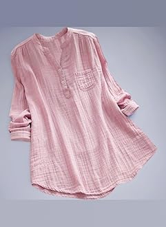 Cocila Women Cotton Linen Casual Solid Long Sleeve Shirt V Neck Blouse Button Down Tops with Pocket (L, A-Pink)