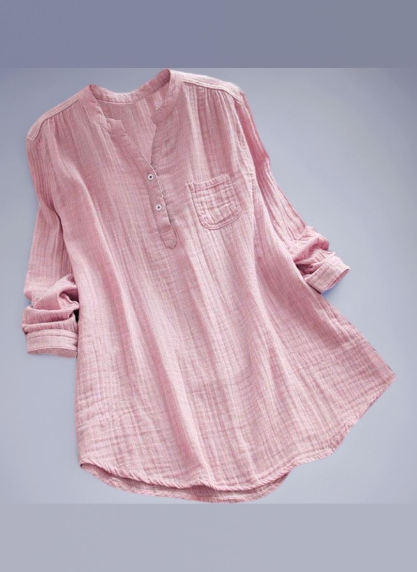 Cocila Women Cotton Linen Casual Solid Long Sleeve Shirt V Neck Blouse Button Down Tops with Pocket (L, A-Pink)