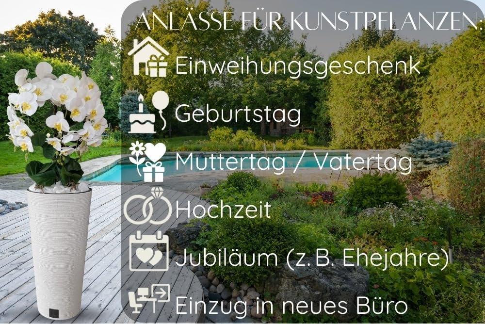 B4y Kunstliche Orchidee im Topf 120x40cm XXL groß, 5 biegsame Rispen, Real Touch Blüten - pflegeleicht & robust | täuschend echte Kunstblumen, minimalistisch - Wohnkultur Hochzeit (weiß/weiß)