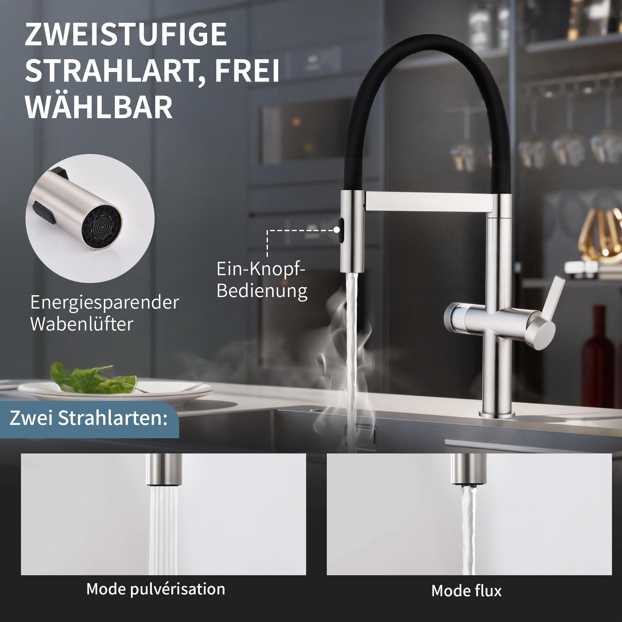HOMELODY Wasserhahn Küche mit Filter, Hoher Bogen Küchenarmatur mit Ausziehbarer Brause, 360°Drehbar 2 Sprühfunktionen, Magnetrückstellung Mischbatterie Spültischarmatur Küchenarmaturen Chrom/Schwarz