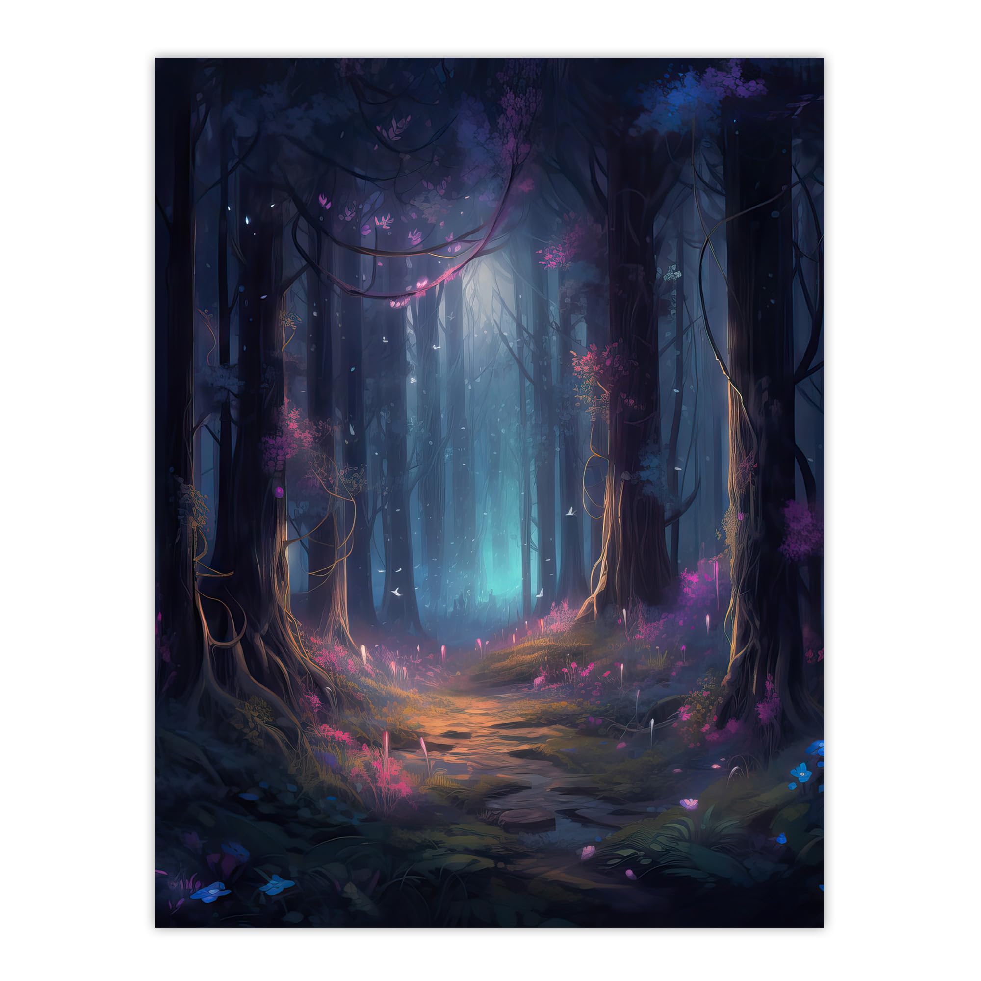 Artery8 Enchanted Forest With Bioluminescent Flowers Oil Painting Pink Blue Green Serene Fantasy Landscape Colourful Magical Nature Mystical Modern Large Wall Art Poster Print Thick Paper 18X24 Inch