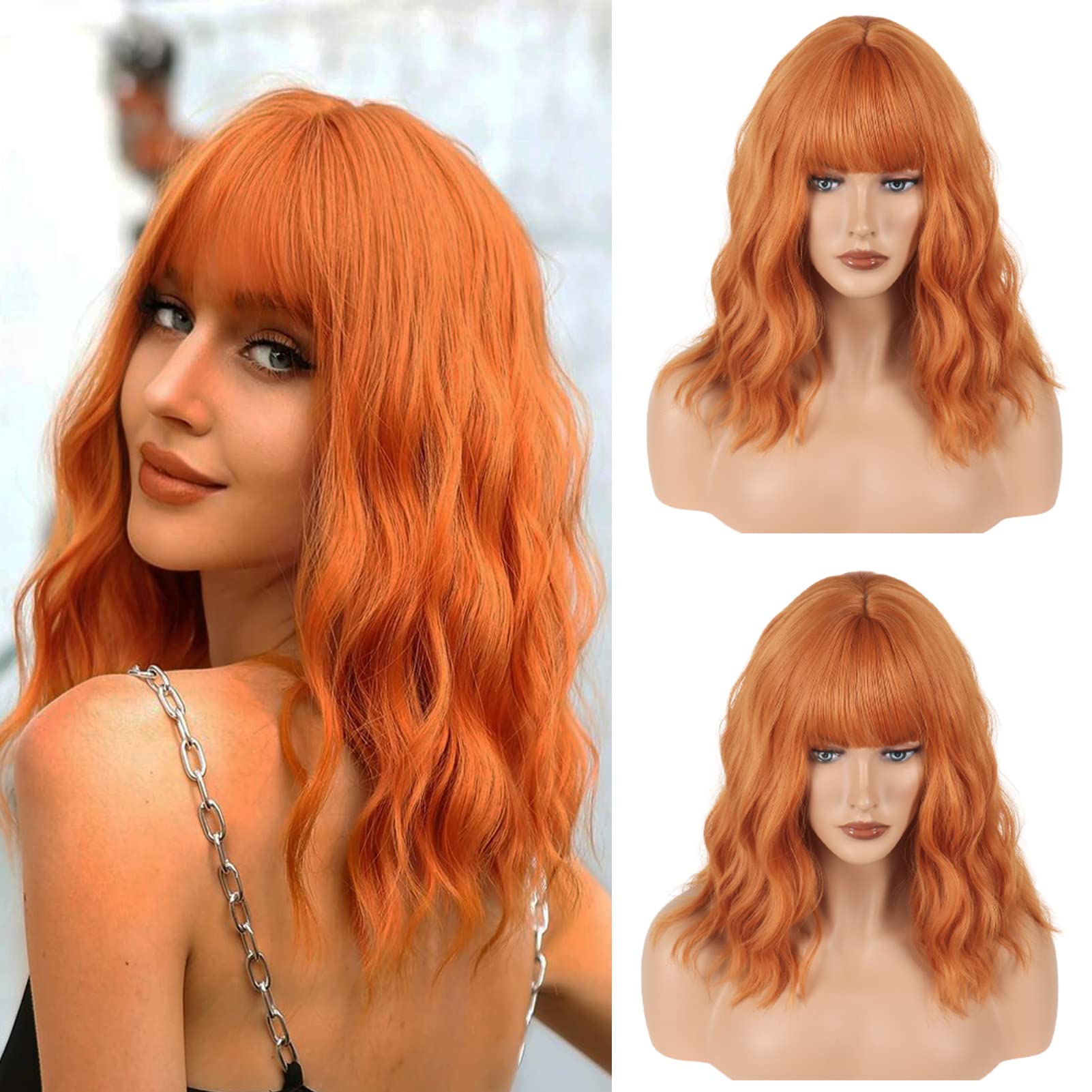 Parrucca Arancione Lunga con Frangia BOB Parrucca Donna Capelli Mossi Ricci Parrucche Ondulate 35cm Bob Wig Onda Parrucca Corta Sintetica a Spalla Cosplay Parrucca per Donna