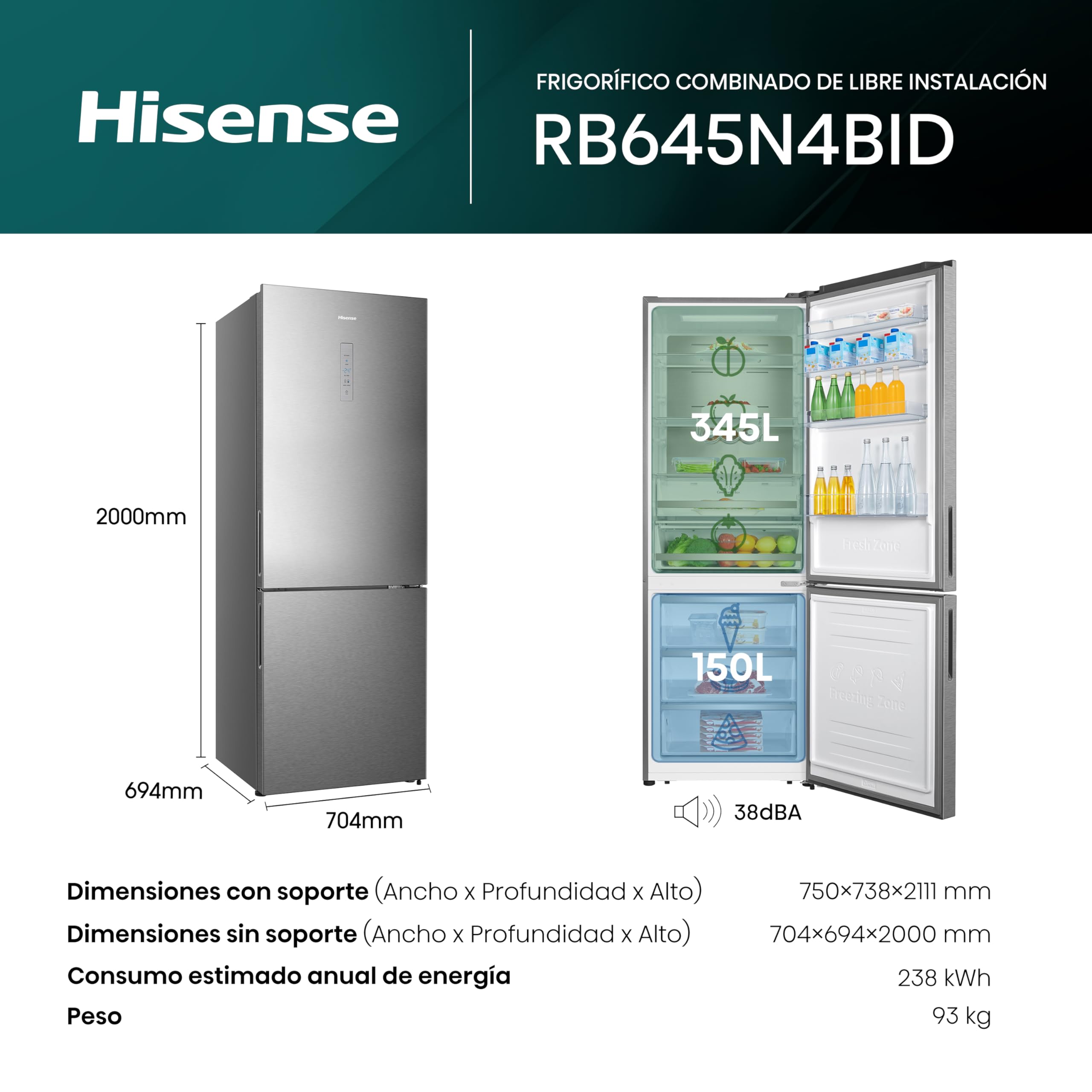 Hisense RB645N4BID Frigorífico Combi Inverter, Ancho especial 70Cm, Botellero, No Frost, 2 Metros,495Litros, Sistema de flujo de aire, Acabado Inox