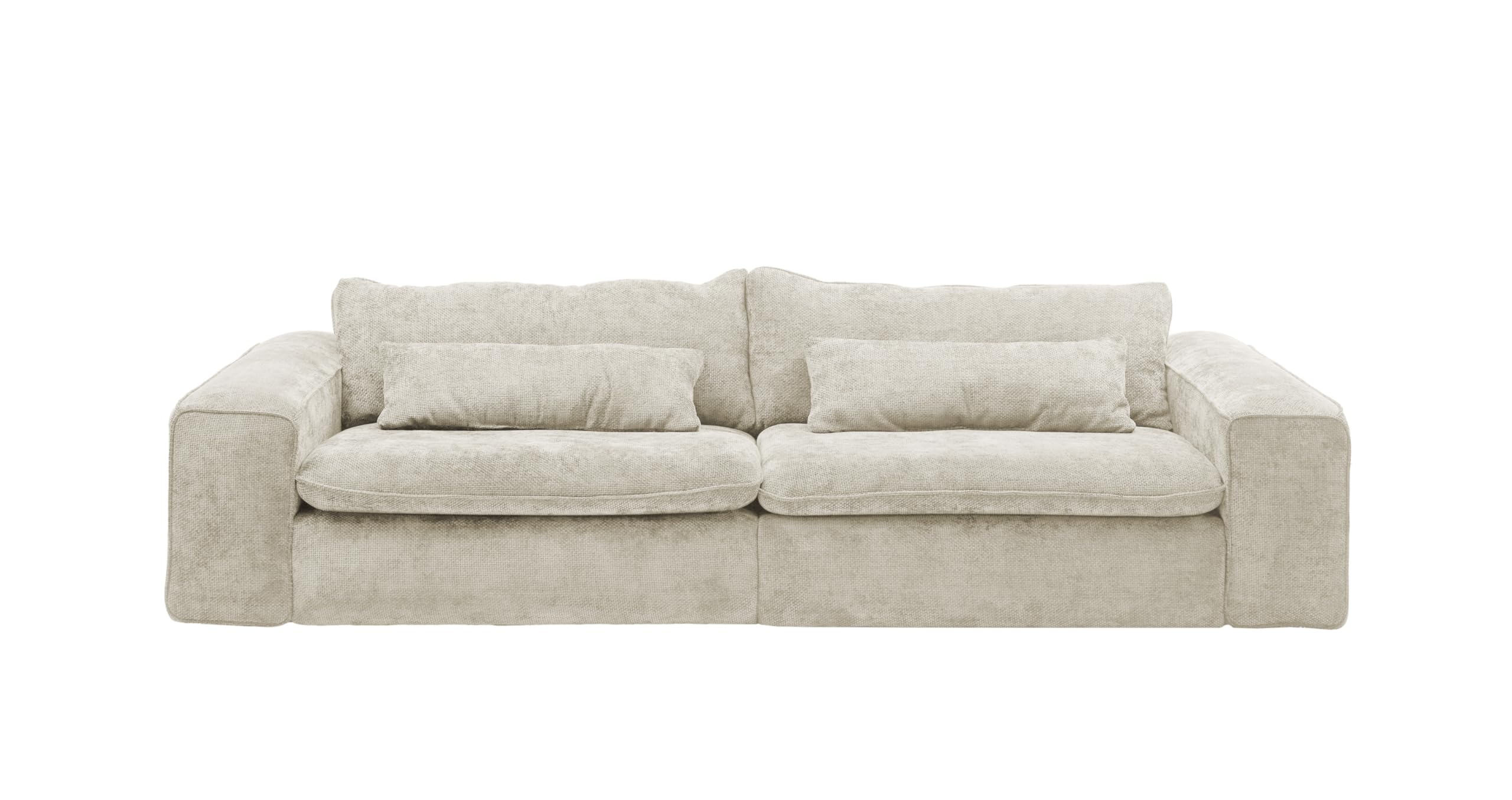 Big Sofa 300 cm breit, Modell Vince, Tiefe Sitzfläche, pflegeleichter Stoffbezug, Nosagfederung, Rücken echt bezogen, mittlere Sitzhärte, inkl. 2 Rückenkissen, 2 Nierenkissen, Beige