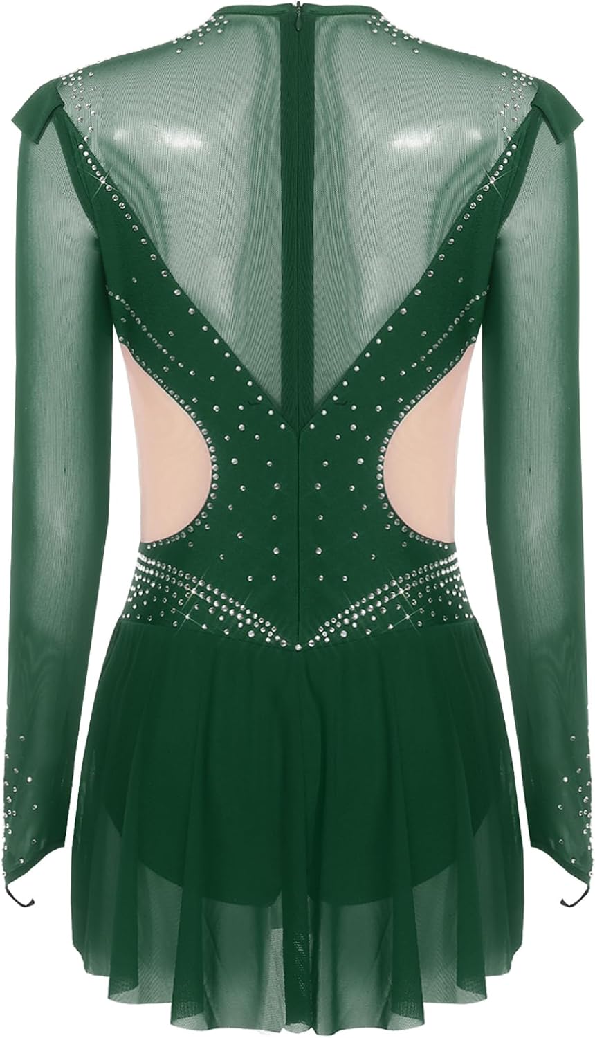 Women's Figure Ice Skating Dress Long Sleeve Mesh Patchwork Gymnastics Skirted Leotard Dancewear