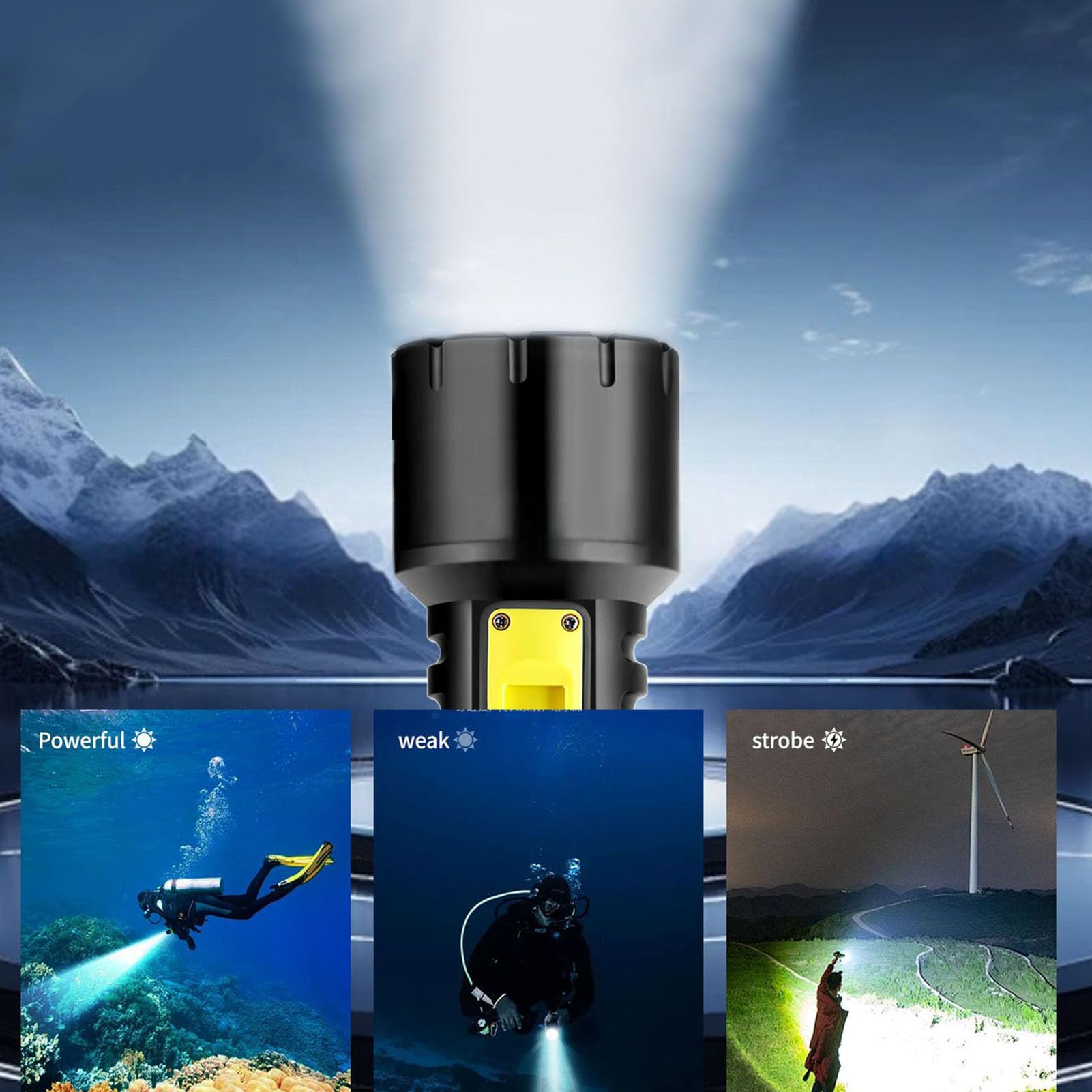 Fafeicy Lampe de Poche de Plongée, Torche Sous-marine Super Lumineuse, Lampe de Plongée LED étanche avec Chargeur de Type C pour les Aventures en Eau Profonde