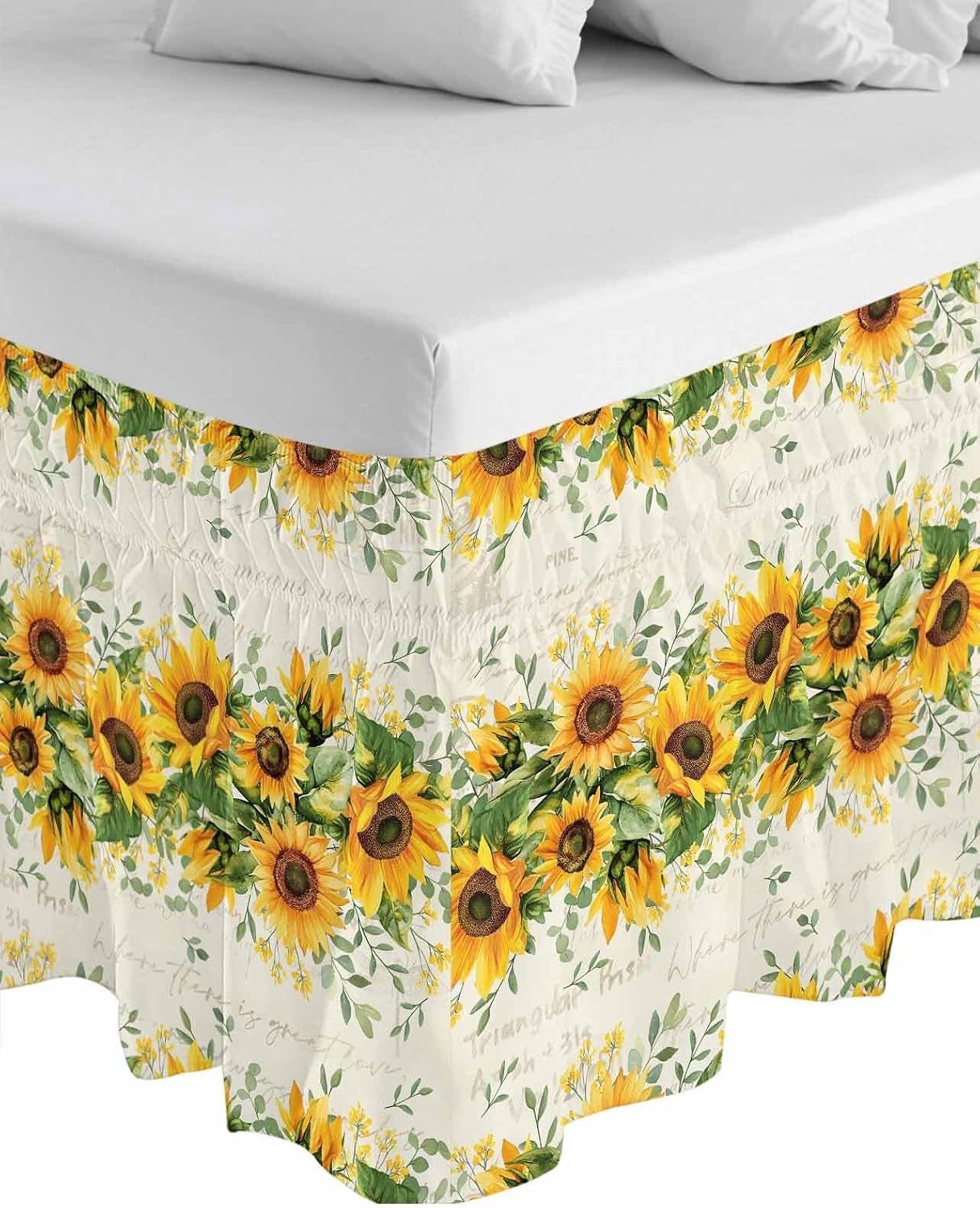 Vintage Sunflowers Bed Skirt Queen Size, 16-Inch Drop Elastic Bed Skirting Summer Florals Dust Ruffles Bedding Decoration with Wrap Around Adjustable Bedskirt for Queen Bed