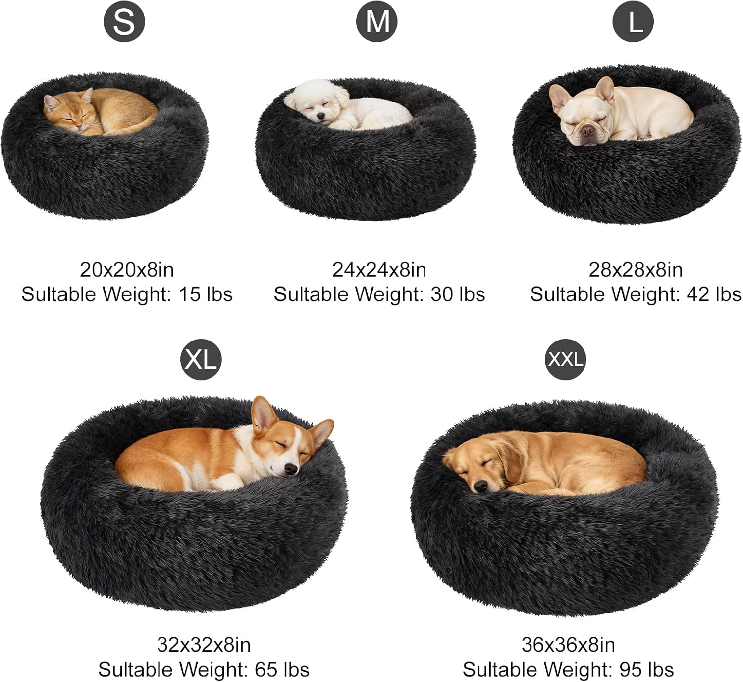 Dog Bed Calming Beds for Small Medium Large Dogs - Round Donut Washable Puppy Dog Bed, Anti-Slip Faux Fur Fluffy Donut Cuddle Anxiety Cat Pet Bed(32'' Black)